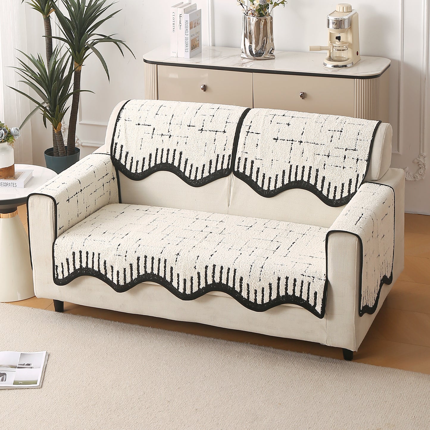 Premium Supple Soft Wavy with Curve Sofa Cover Mat, Off-White