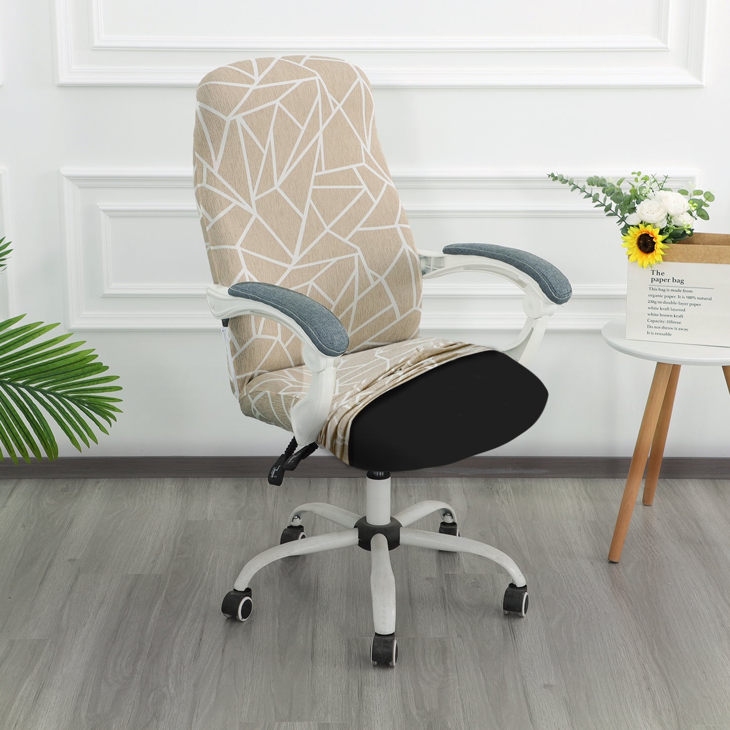 Printed Office Chair Cover for Desk Chair (Mid-Back) – 140 GSM Stretch Fabric – Washable, Durable & Anti-Slip – Fits Mid-Back Office Chairs, Beige Abstract Geometry - Medium