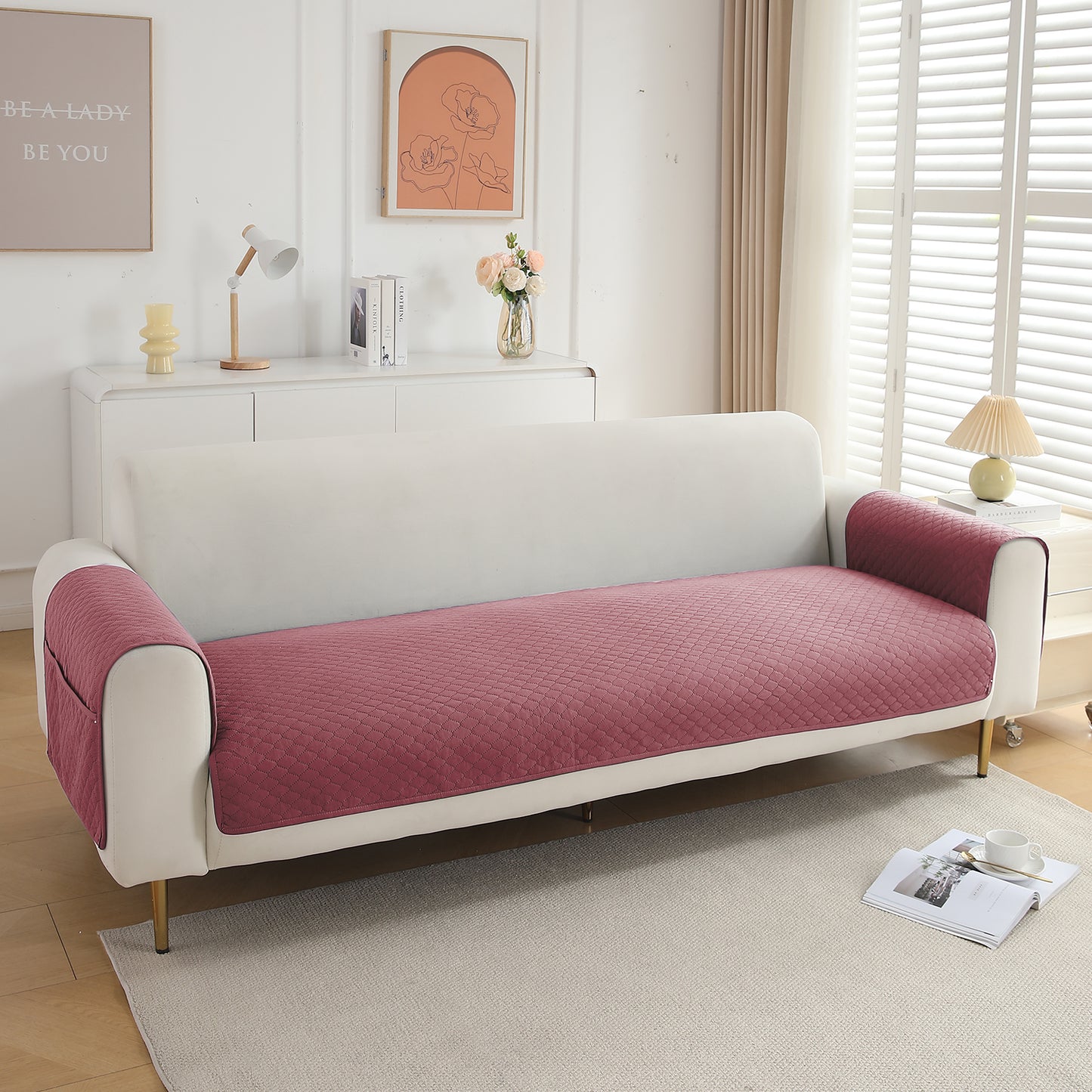 Quilted Sofa Cover Set with Seat Mat and Armrest Covers with Pockets, Mauve Pink