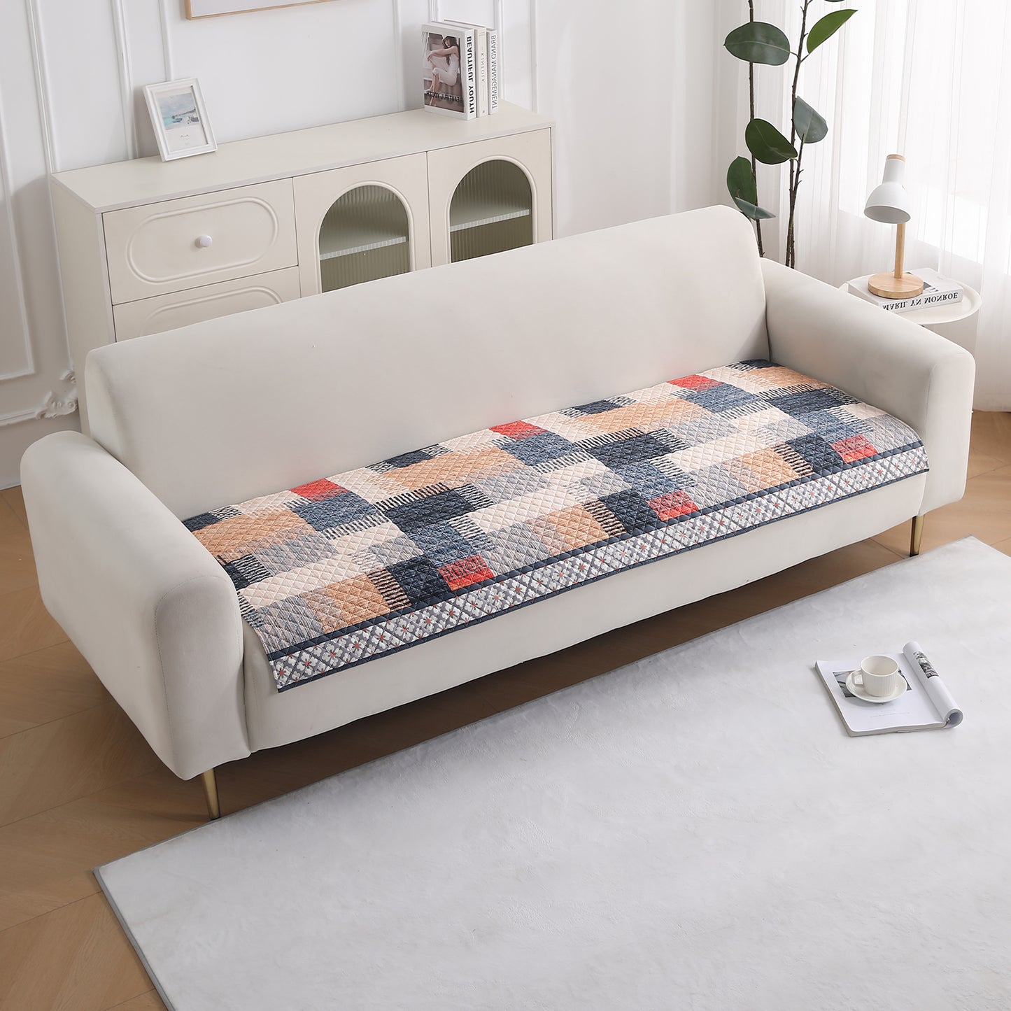 LiefNest Holland Velvet Sofa Cover Mat with Foam Filling - Urban Grid Multicolor