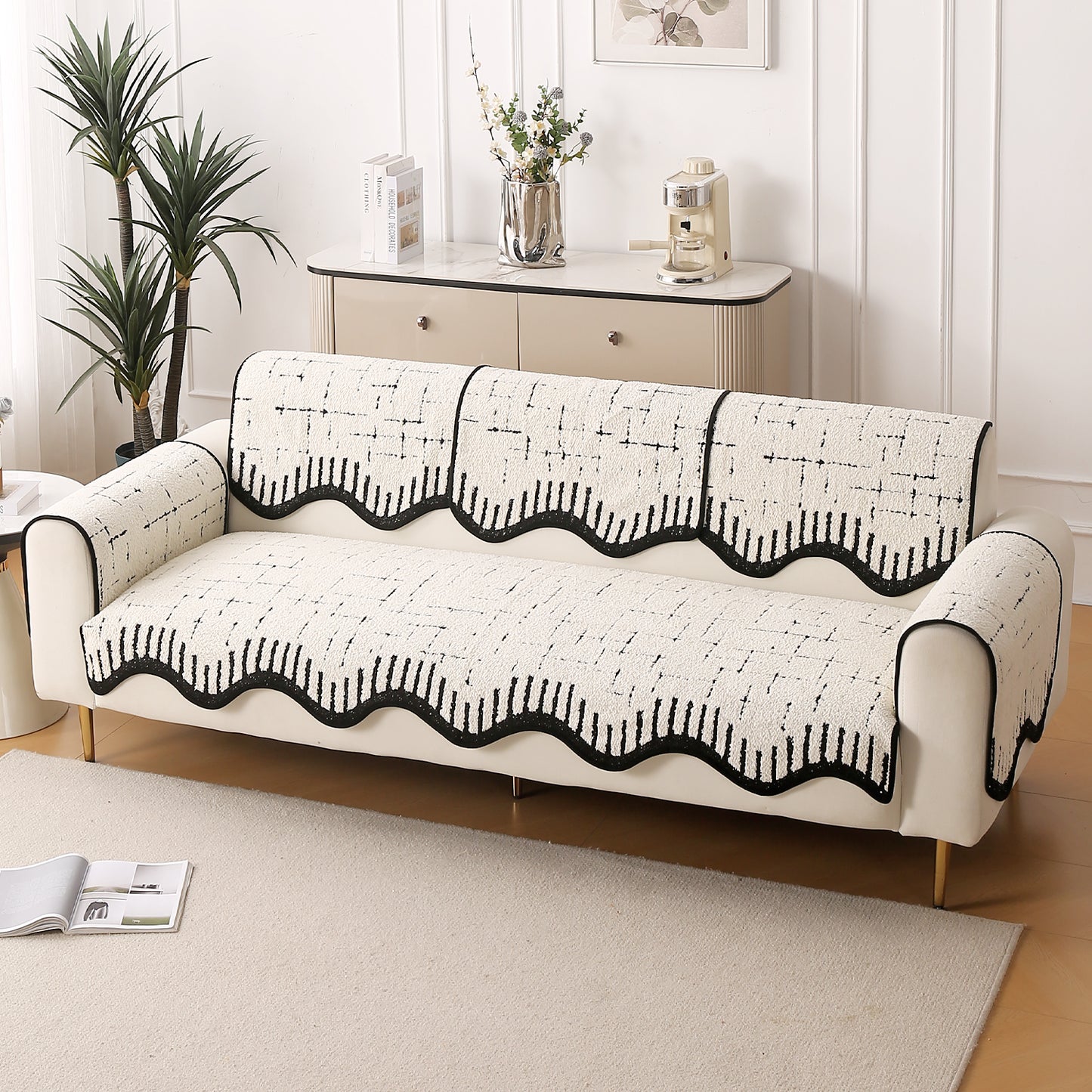 Premium Supple Soft Wavy with Curve Sofa Cover Mat, Off-White