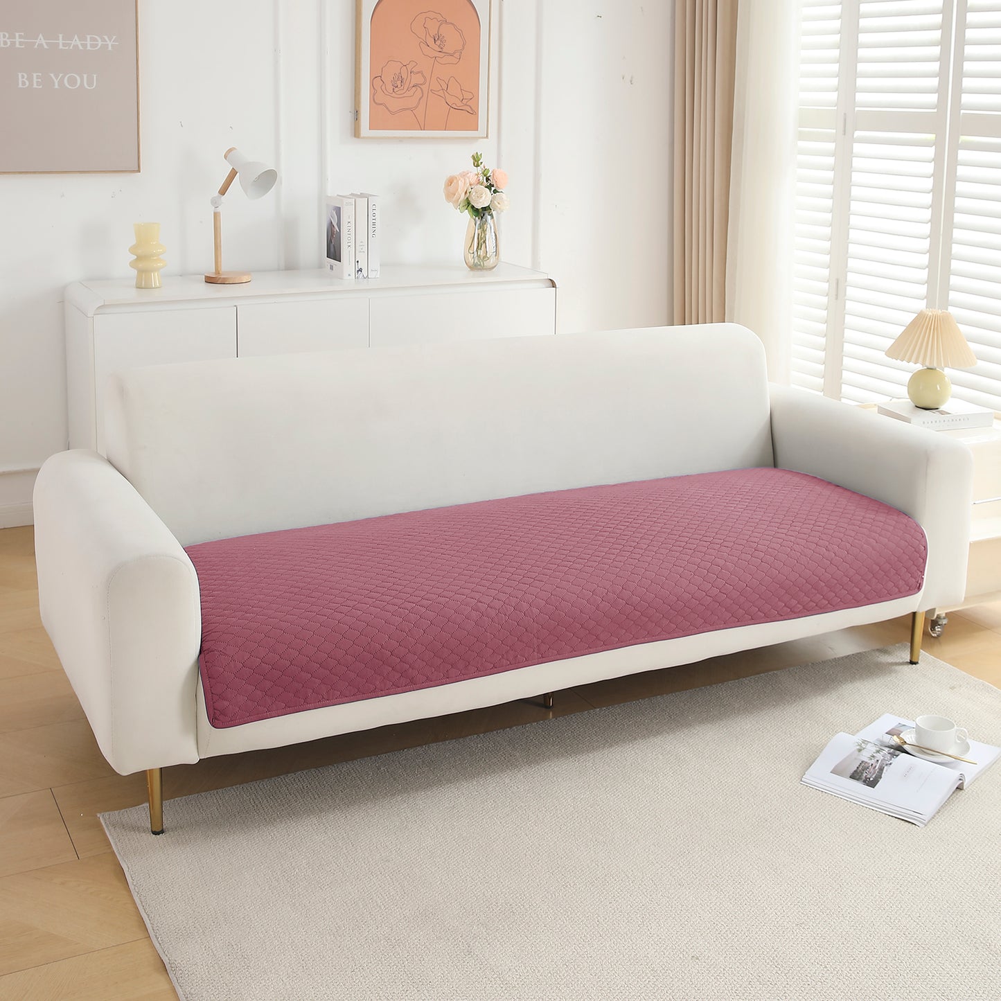 Quilted Sofa Cover Mat for 1/2/3 Seater Sofa, Mauve Pink