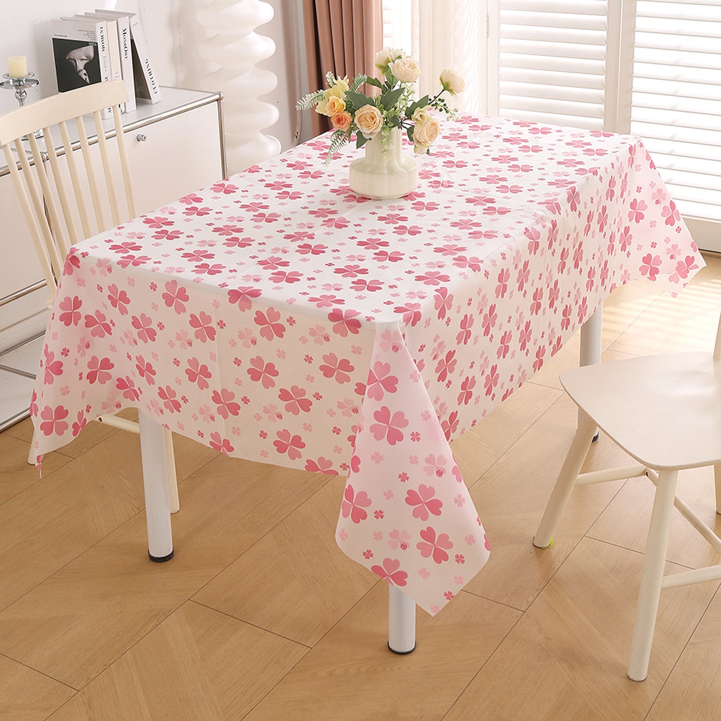 PEVA Waterproof Table Cover Cloth for 2/4/6 Seaters Dining Table | Dustproof Table Cloth for Study & Coffee Table, Valentine Rose Pink