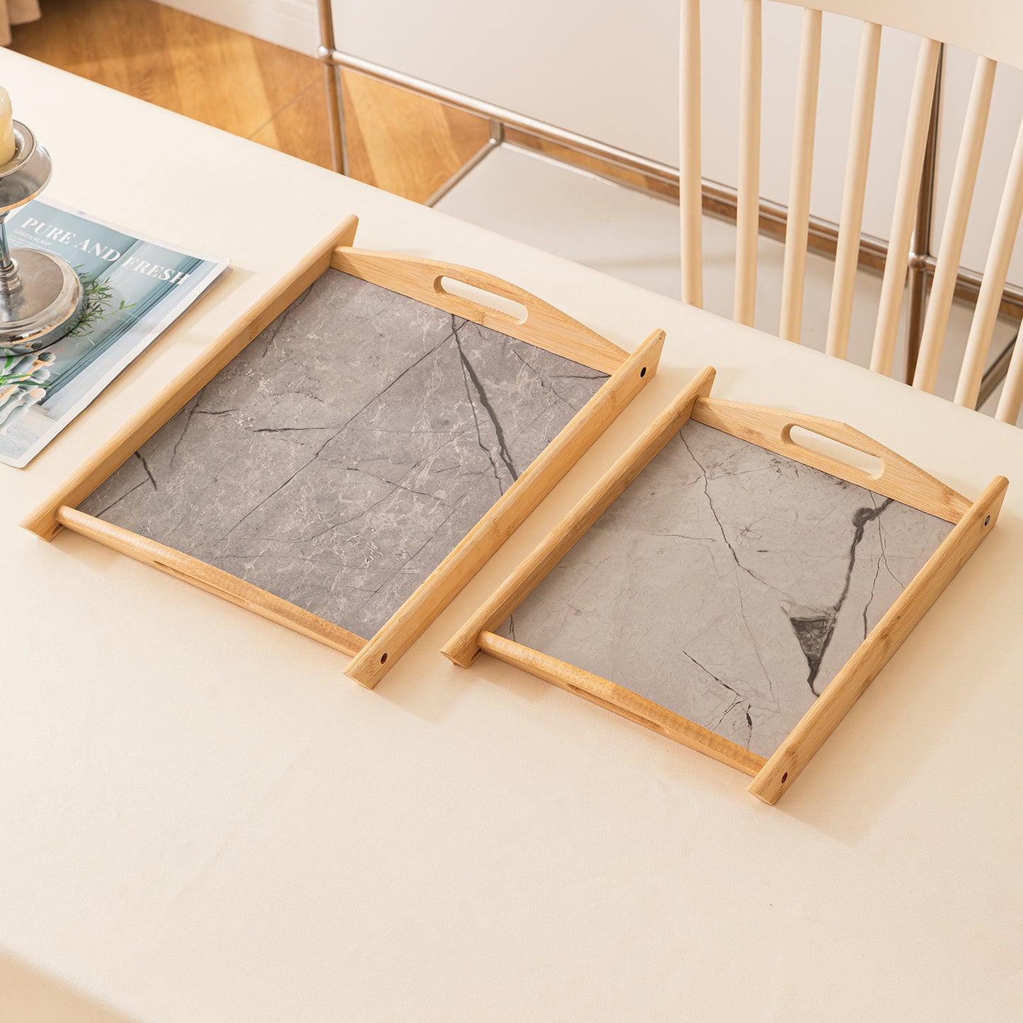 Bamboo Set of 2 Serving Trays with Handles – elegant faux marble base, Grey