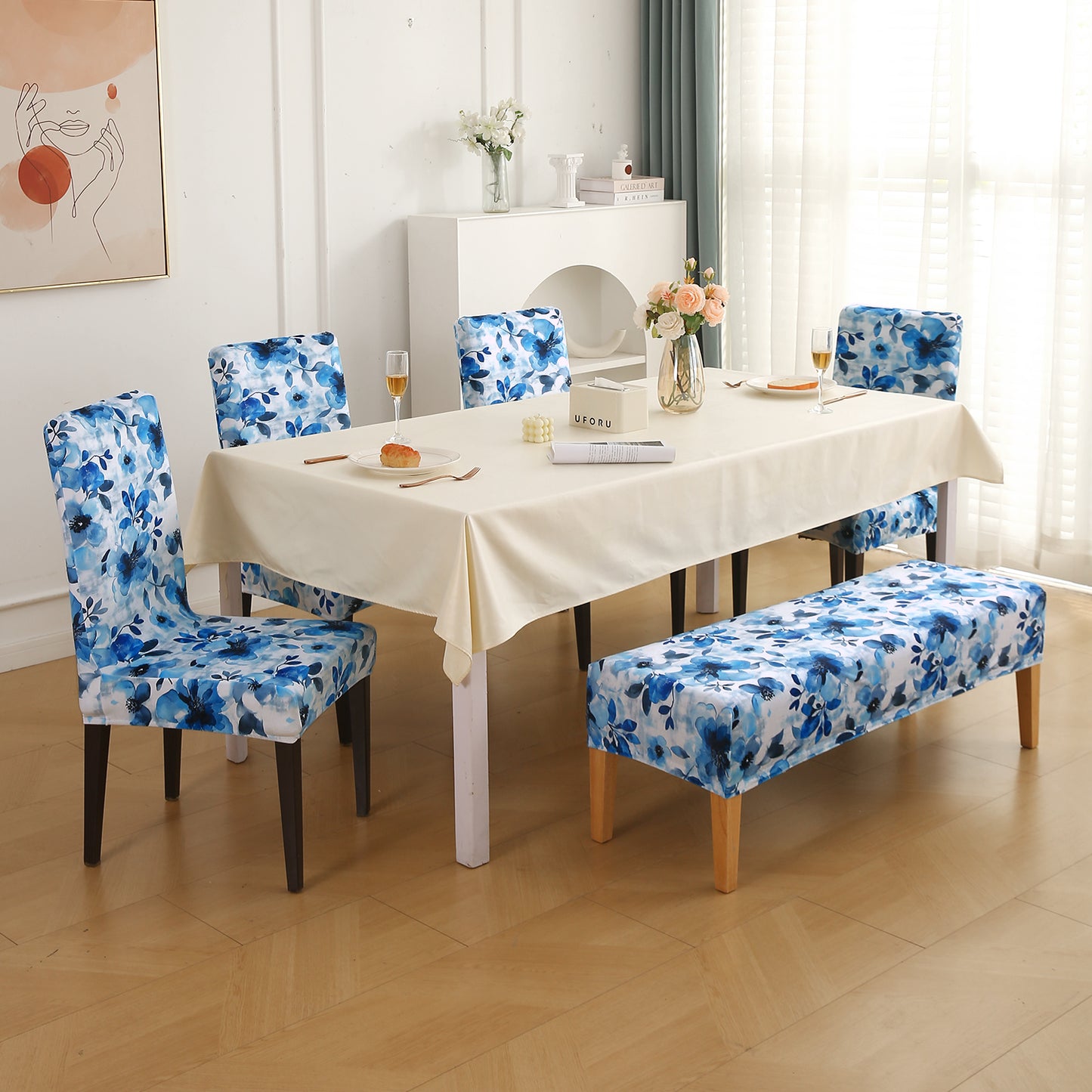 Premium Velvet Cover Set for 4 Dining Chairs + 1 Dining Bench, Blue Azure Botanical