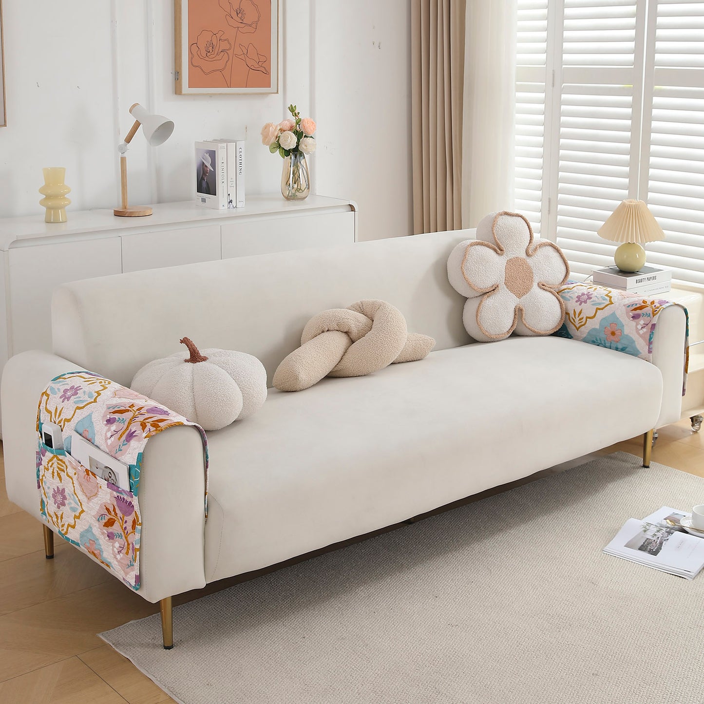 Polyester 2 Pcs Printed Quilted Sofa Armrest Cover, Quatrefoil Multicolor