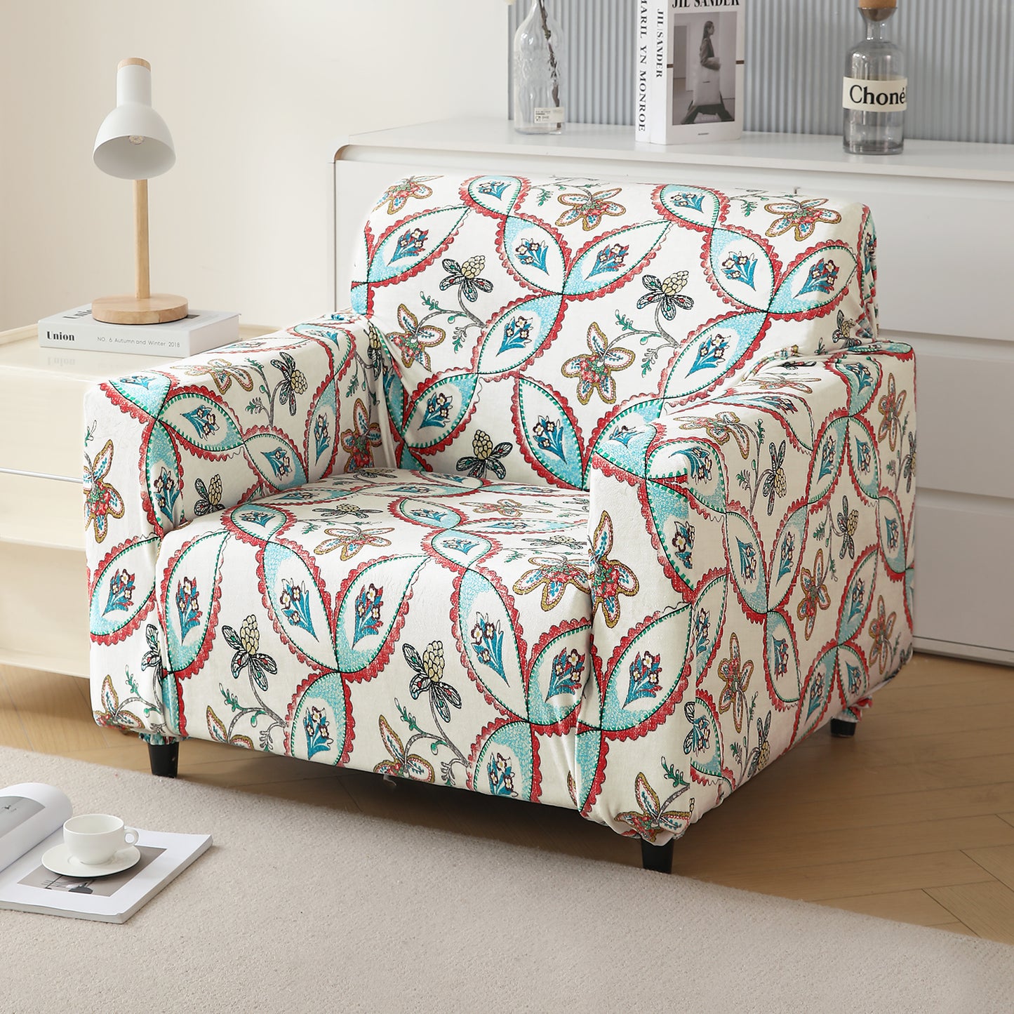 Premium Printed Velvet Sofa Cover 1/2/3 Seaters Fully Covered, Beige Persian Garden