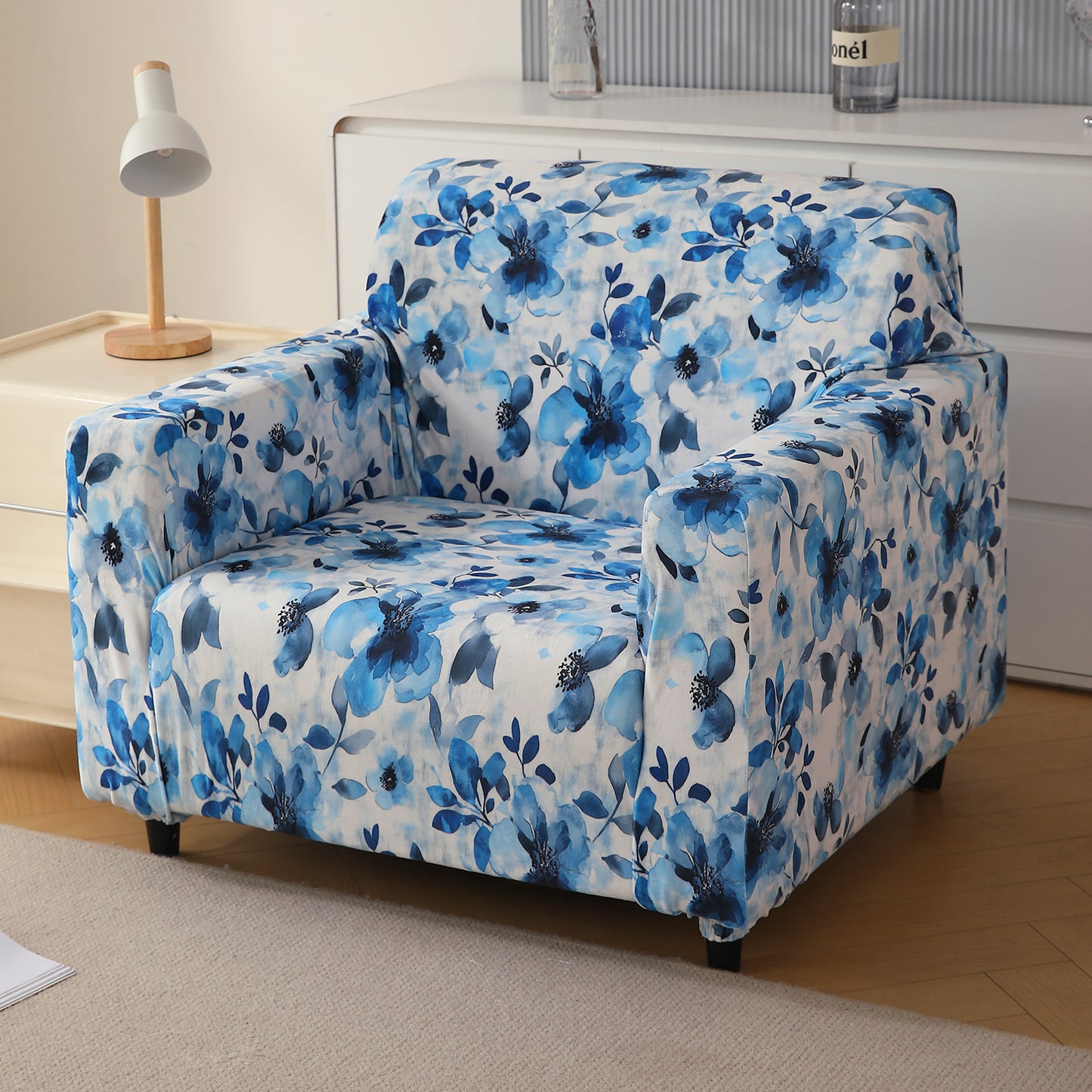 Premium Printed Velvet Sofa Cover 1/2/3 Seaters Fully Covered, Blue Azure Botanical