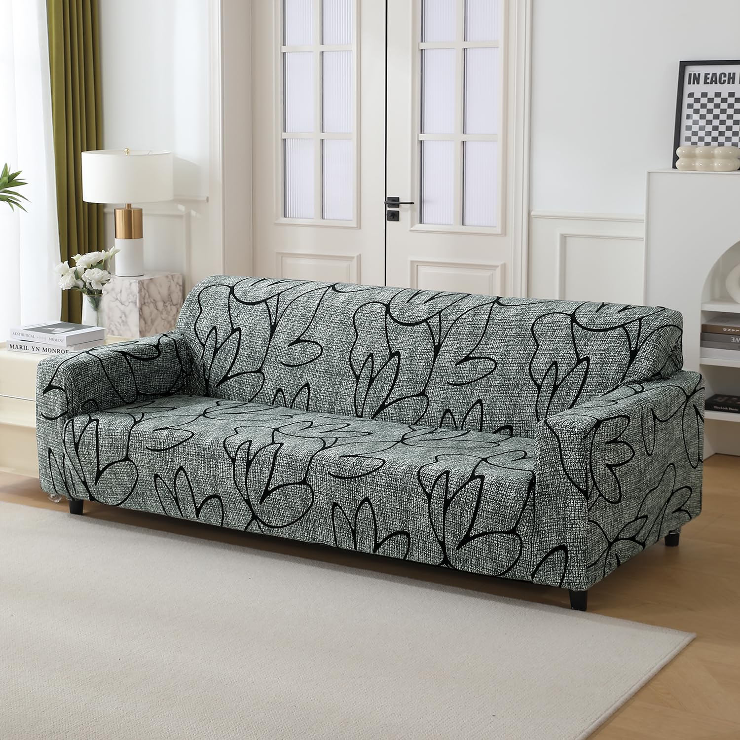 Intense Grey Abstract Floral, non slip, elastic 4 seater sofa covers