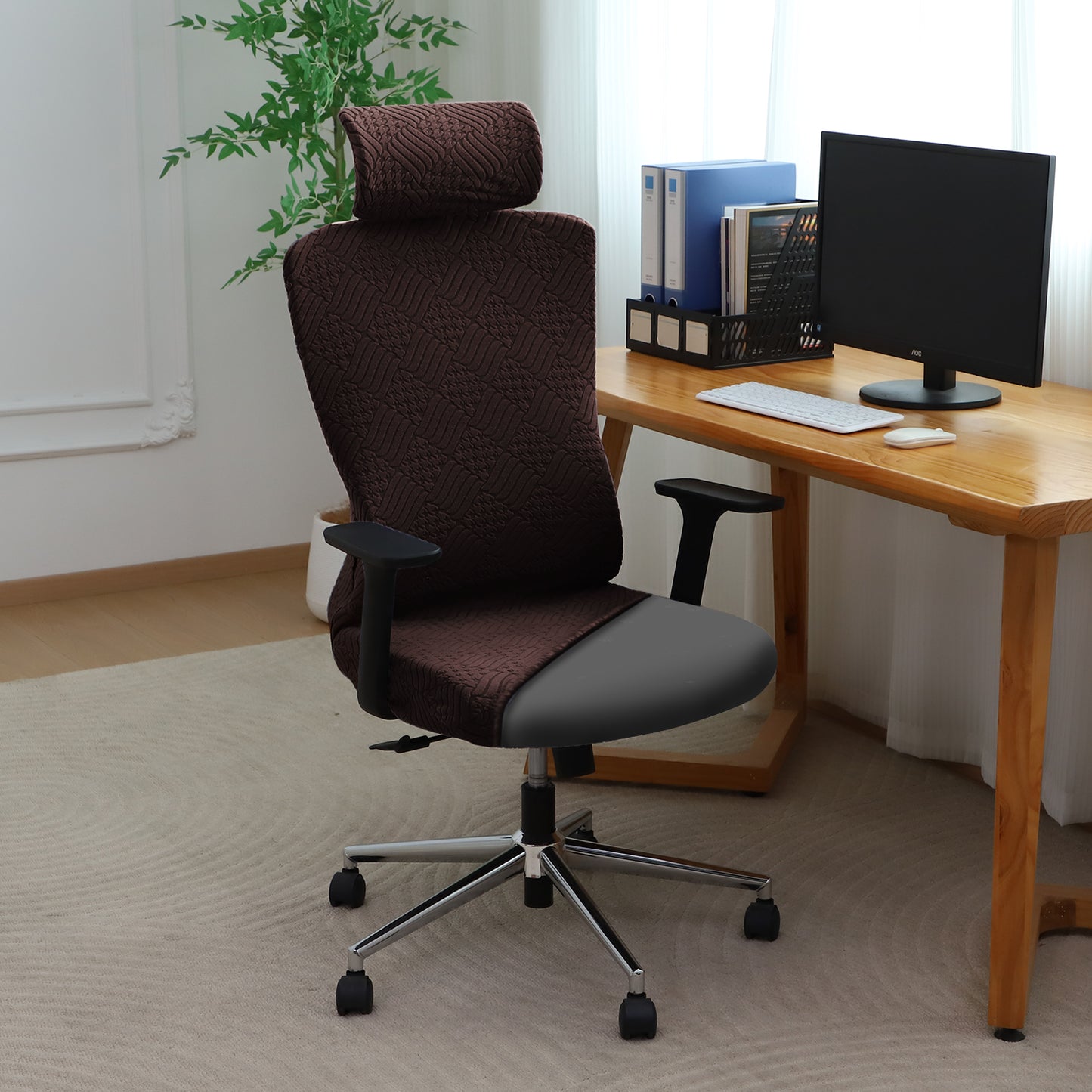 Office Chair Cover with Headrest (High-Back) – 170 GSM Stretch Jacquard – Washable, Anti-Slip Fit for Ergonomic Mesh Office Chairs, Brown