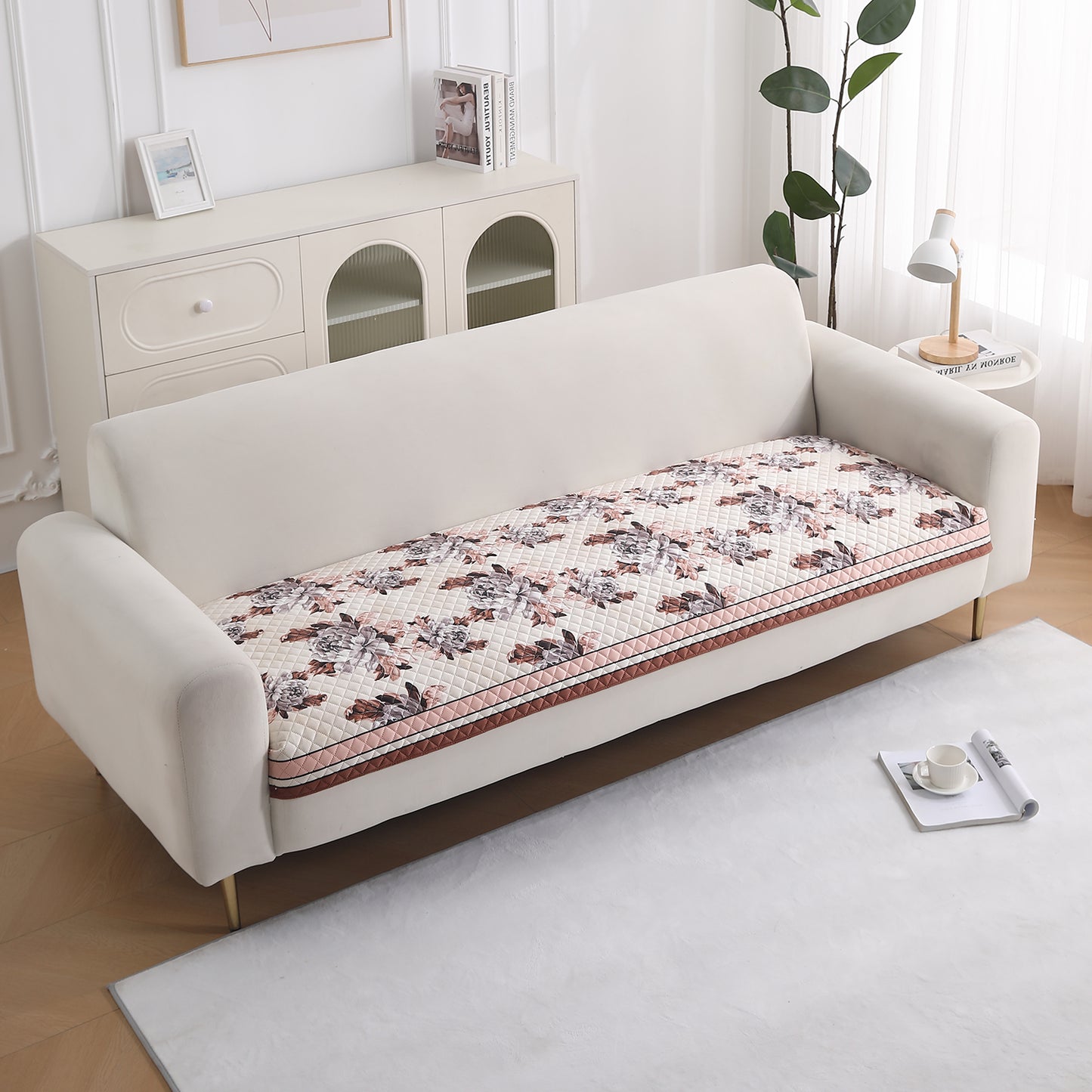 LiefNest Holland Velvet Sofa Cover Mat with Foam Filling - Chrysanthemum Bloom Soft Beige