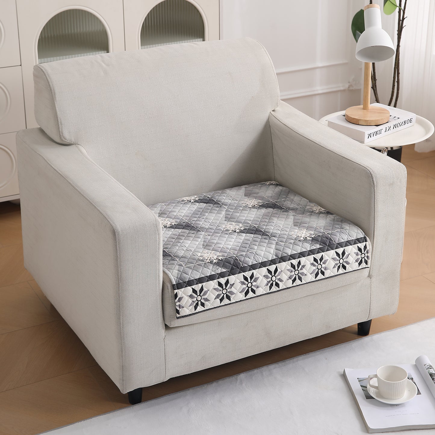 LiefNest Printed Holland Velvet Sofa Mat with Foam Filling - Snowflakes Gradient Grey for 1/2/3 Seater & Armrest
