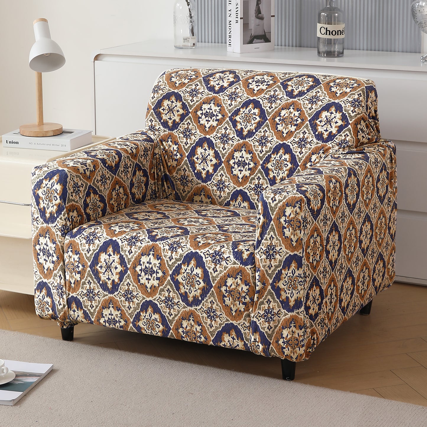 Premium Printed Velvet Sofa Cover 1/2/3 Seaters Fully Covered, Indigo Moroccan Charm