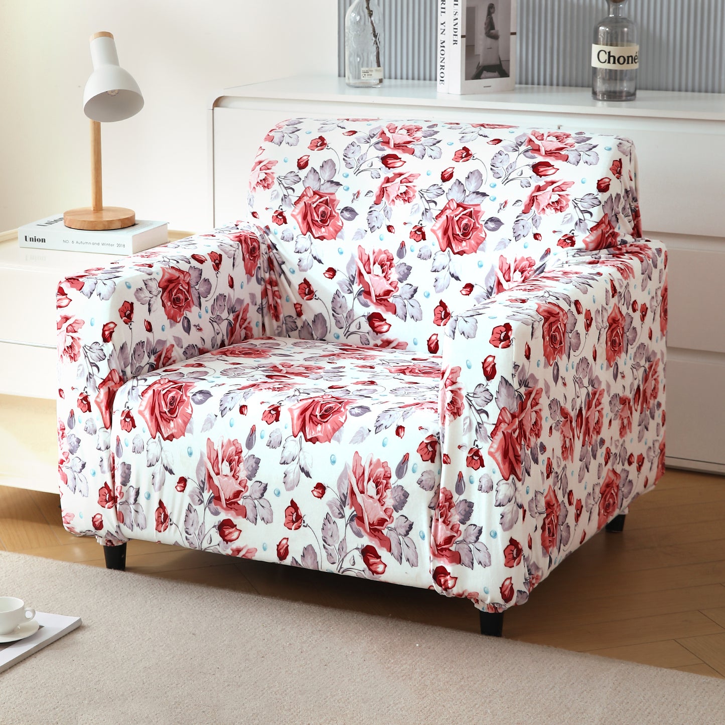 Premium Printed Velvet Sofa Cover 1/2/3 Seaters Fully Covered, Red Cottage Rose