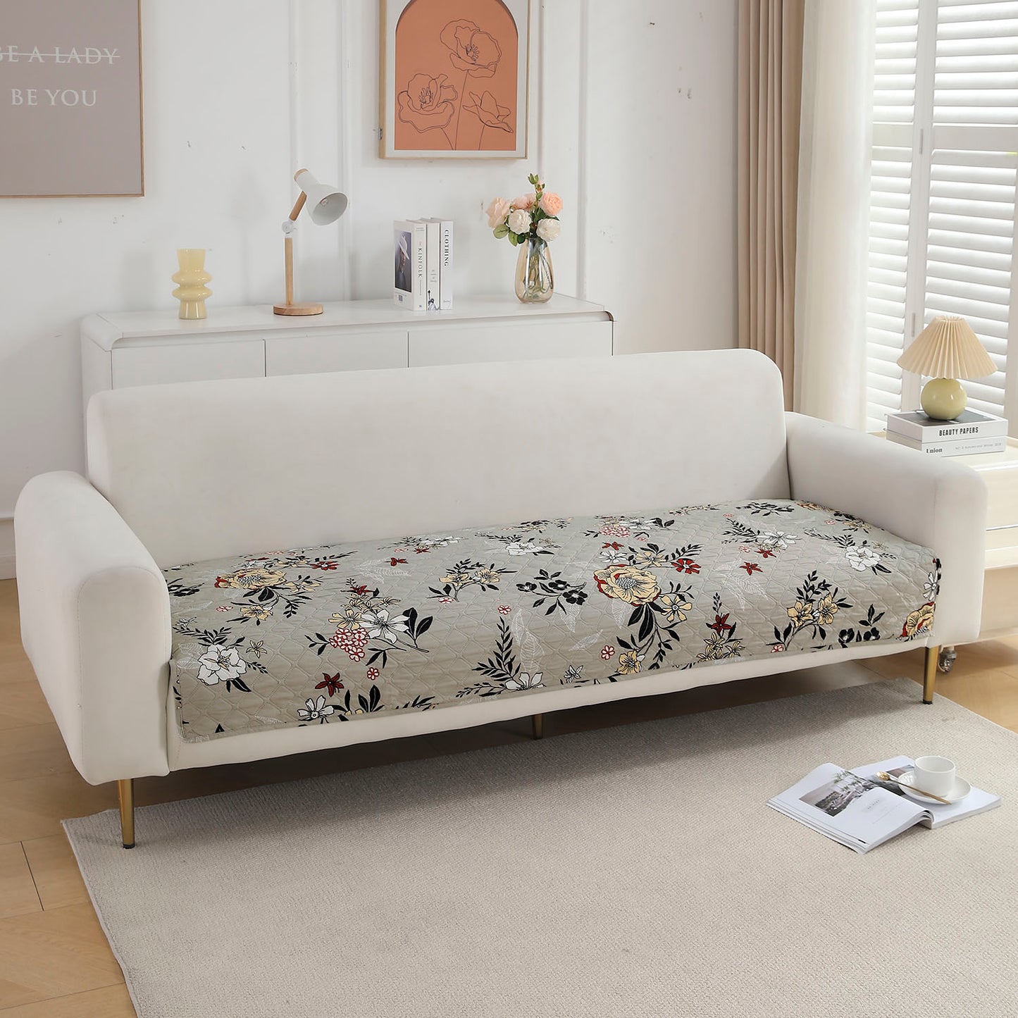 Polyester Printed Quilted Sofa Cover Mats, Floral Ash Grey