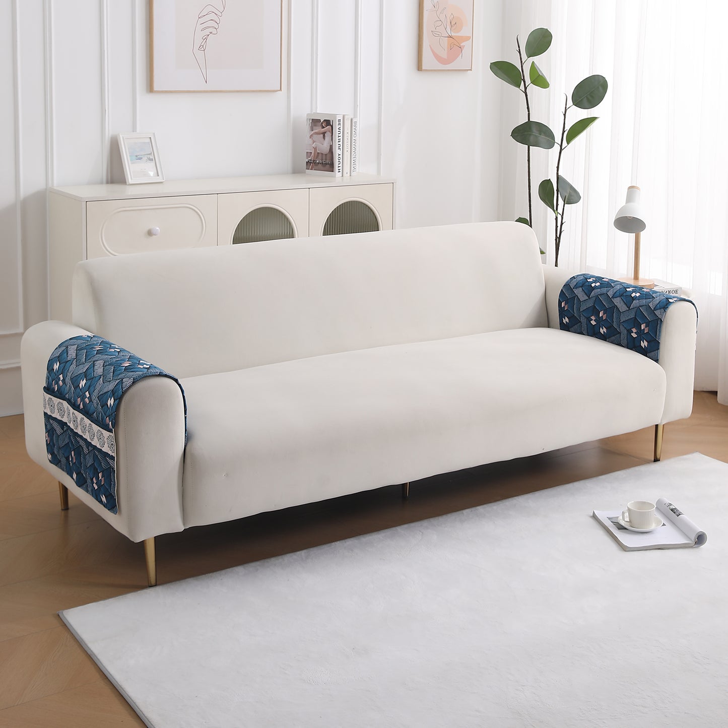 LiefNest Printed Holland Velvet Sofa Mat with Foam Filling - Geometric Floral Oriental Blue for 1/2/3 Seater & Armrest