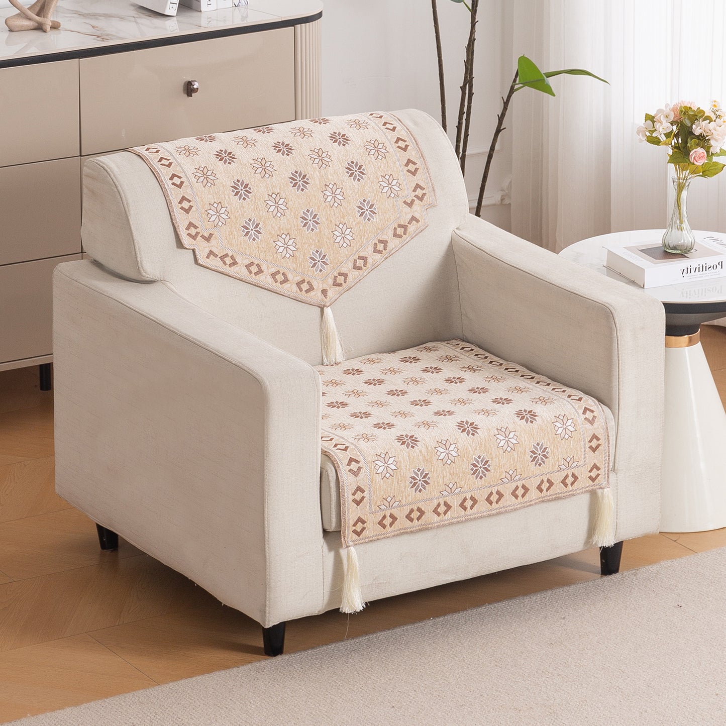 Heritage Weave Premium Jacquard Sofa Cover Set with Tassels - Sandy Beige