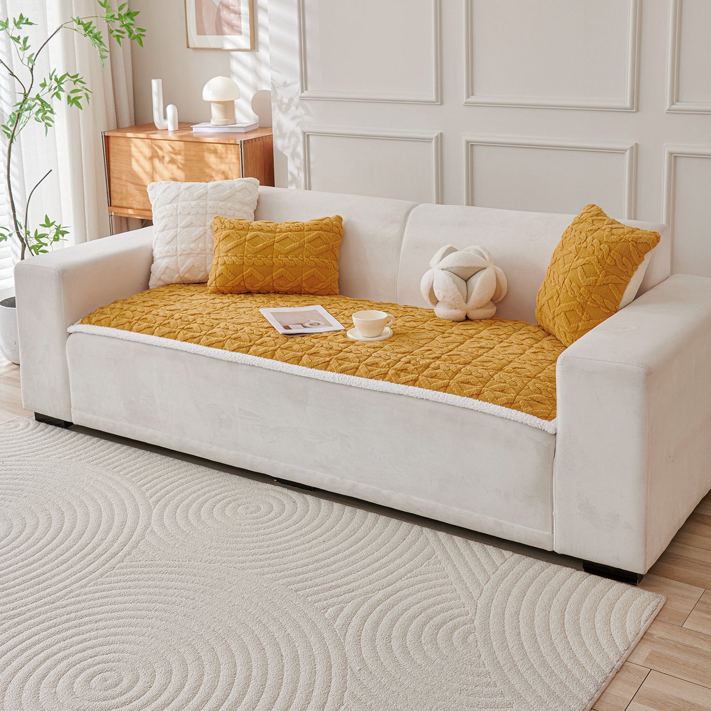 'Italian Caelora' Luxury Jacquard Plush Sofa Cover Mat and Anti-Slip Armrest Covers - Honey Yellow