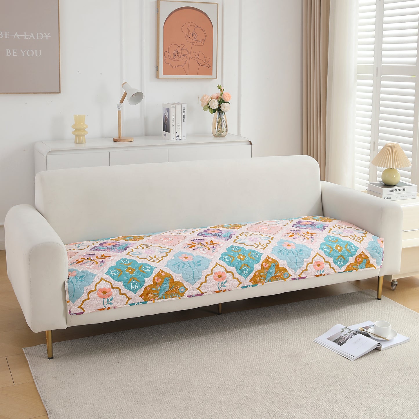 Polyester Printed Quilted Sofa Cover Mats, Quatrefoil Multicolor