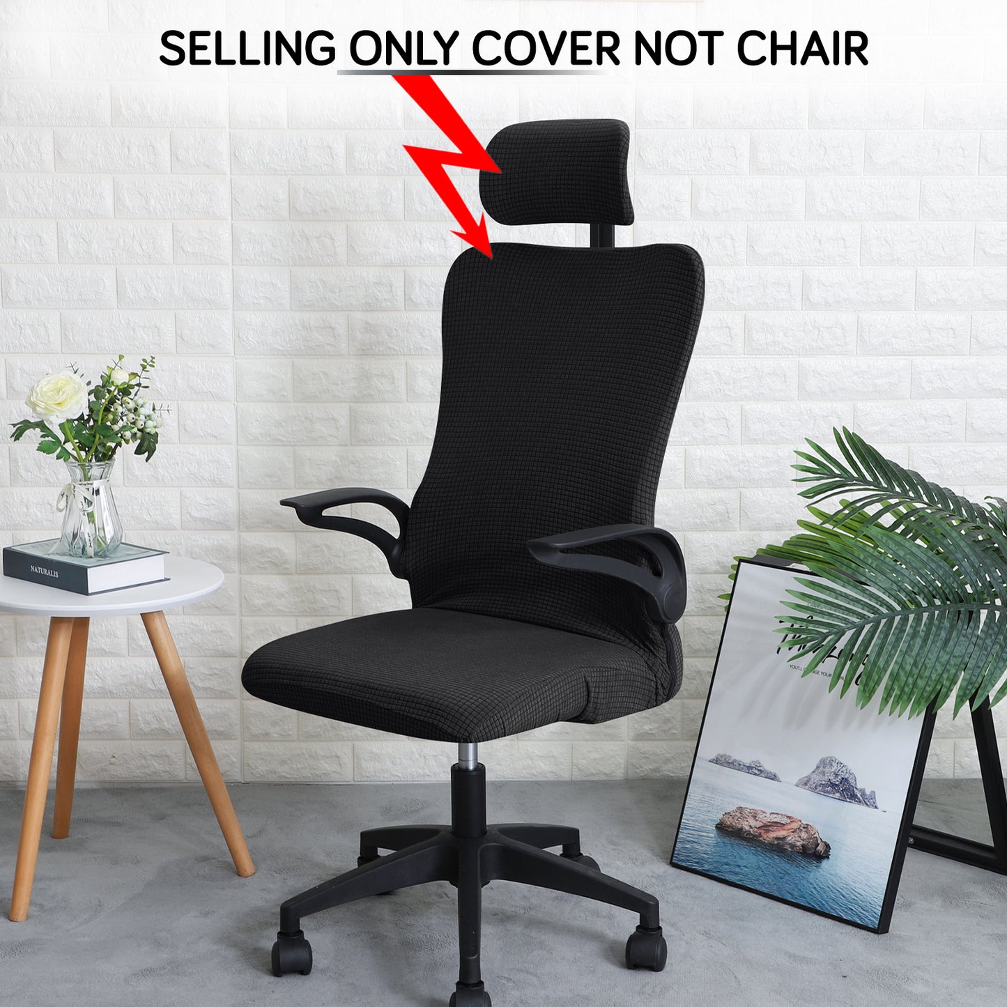 Stretchable Jacquard Office Boss Chair Seat Chair Cover with Headrest Cover for Computer Desk Chair, Black