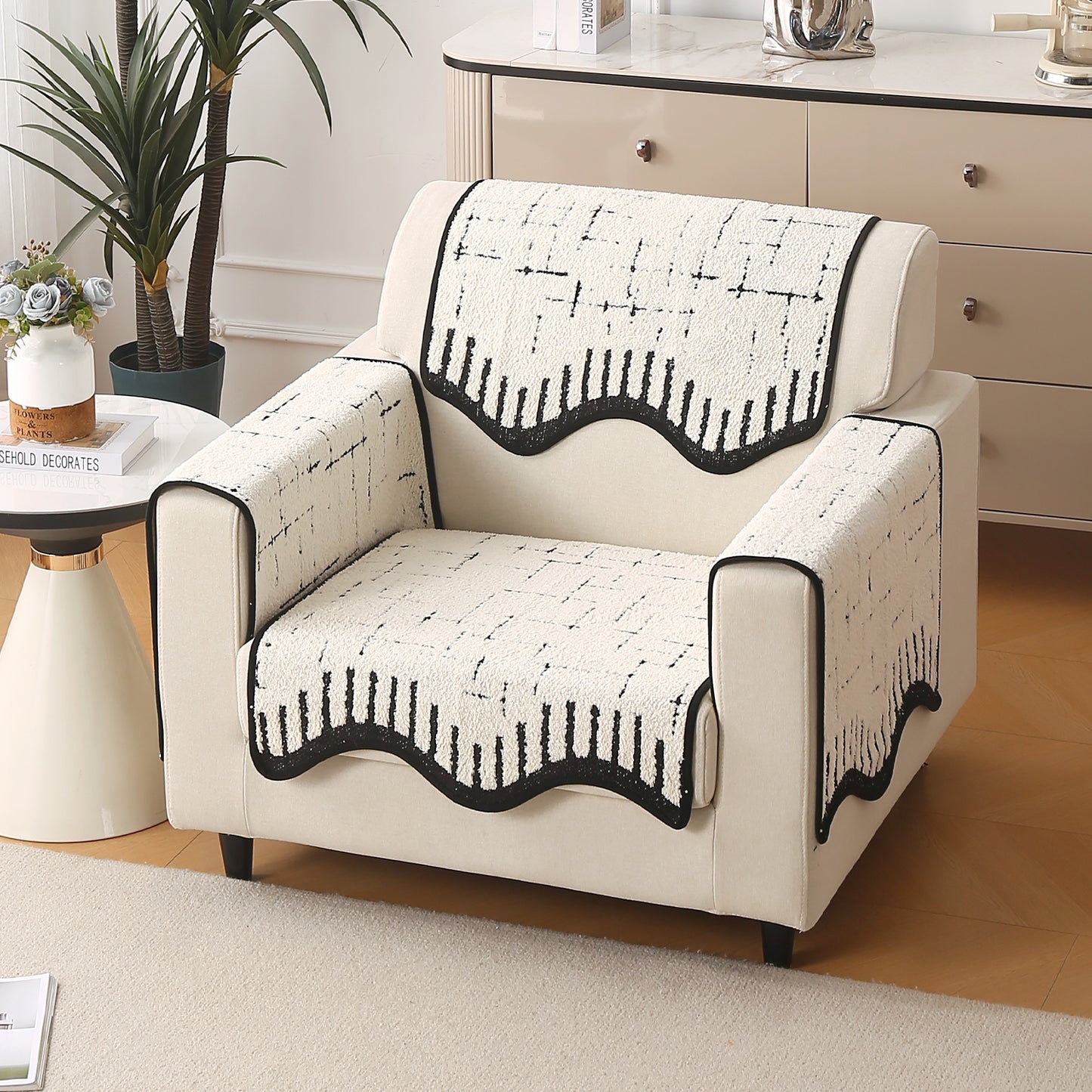 Premium Supple Soft Wavy with Curve Sofa Cover Mat, Off-White