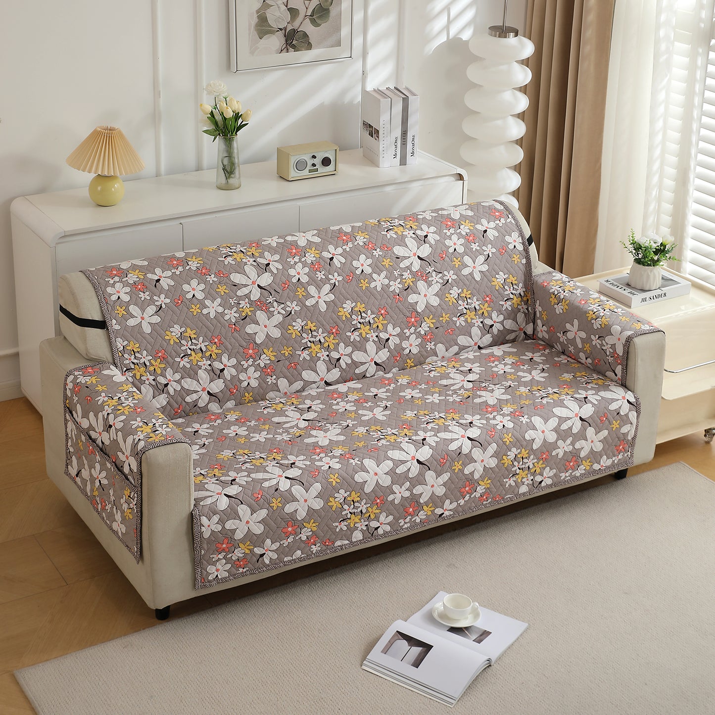 Pastel Brown Sandwort Flower Printed quilted three seater sofa cover