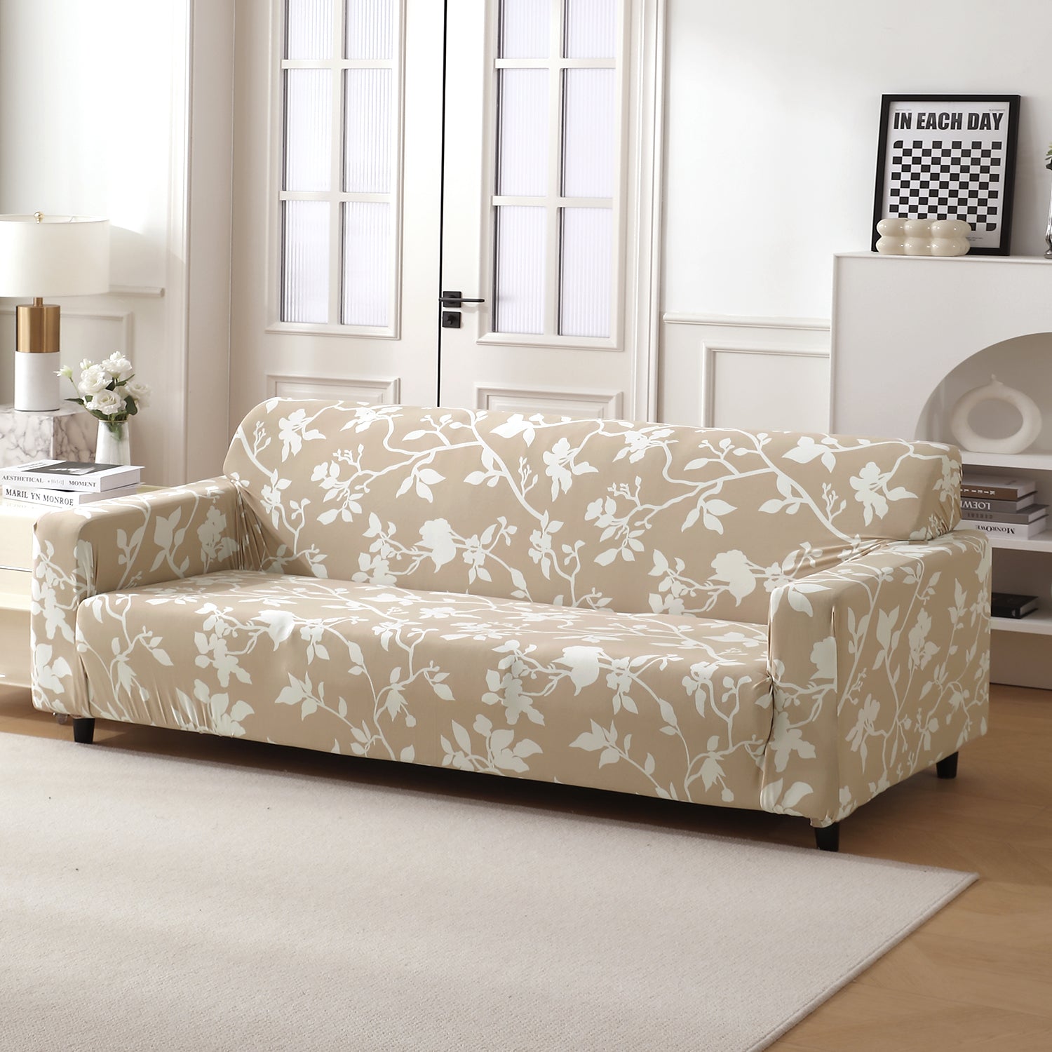 Buff brown silhouette floral print modern elastic 3 seater sofa covers