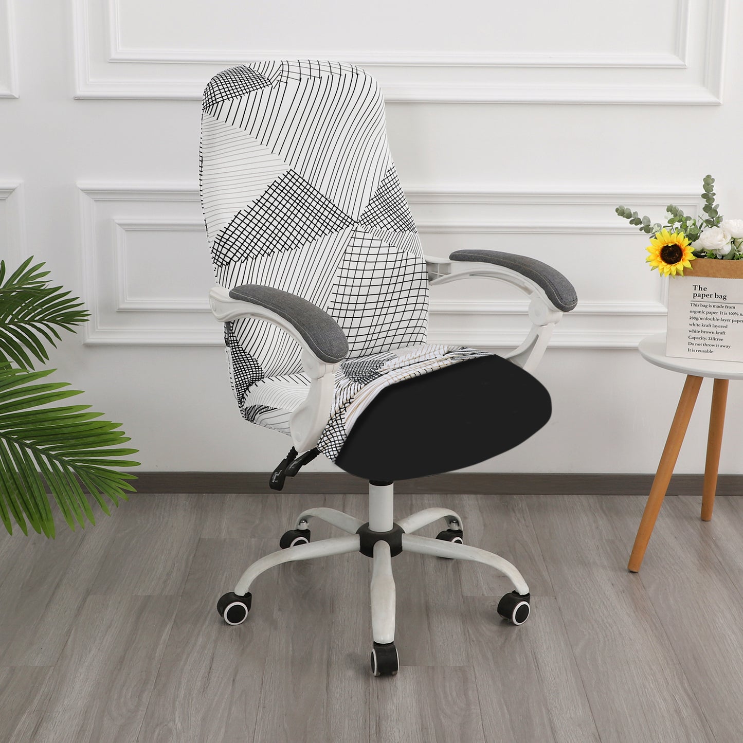 Printed Office Chair Cover for Desk Chair (Mid-Back) – 140 GSM Stretch Fabric – Washable, Durable & Anti-Slip – Fits Mid-Back Office Chairs, Snow White Black Geometry - Medium