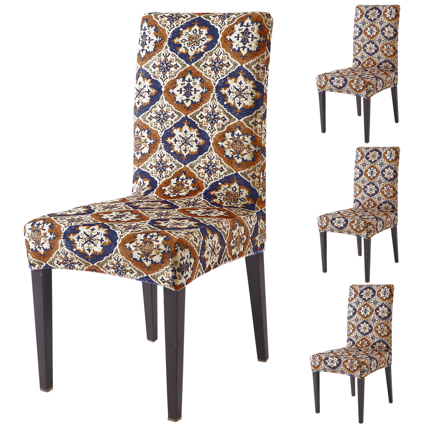 Premium Printed Velvet Dining Chair Cover Set, Indigo Moroccan Charm