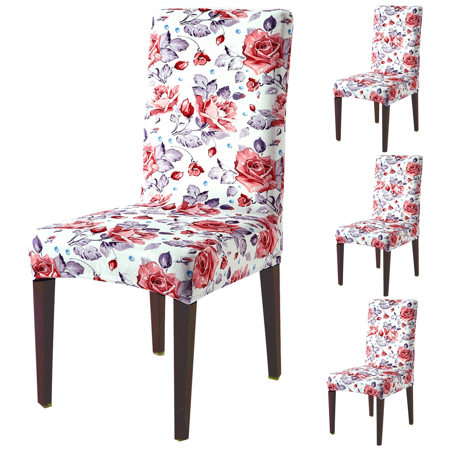 Premium Printed Velvet Dining Chair Cover Set, Red Cottage Rose