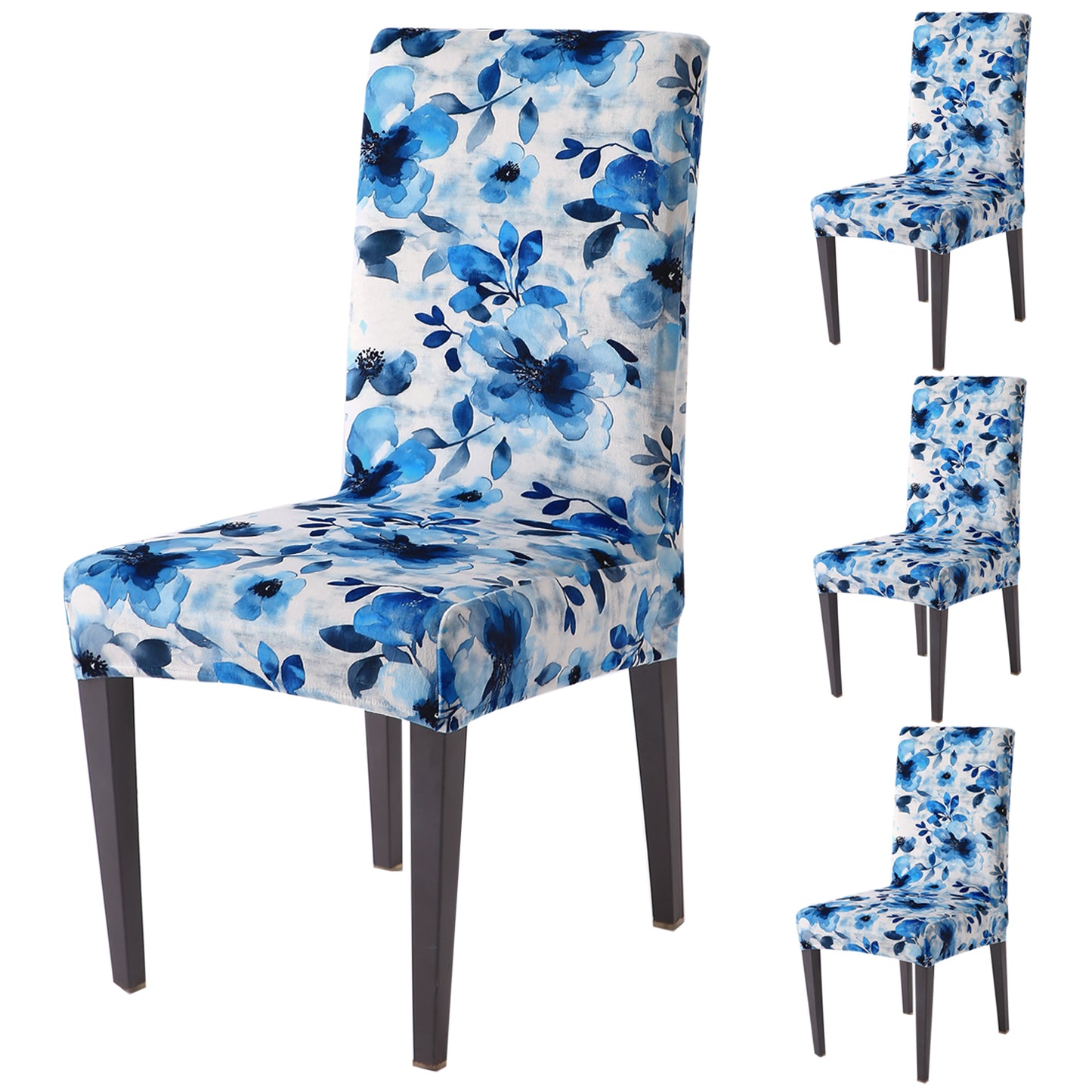Premium Printed Velvet Dining Chair Cover Set, Blue Azure Botanical