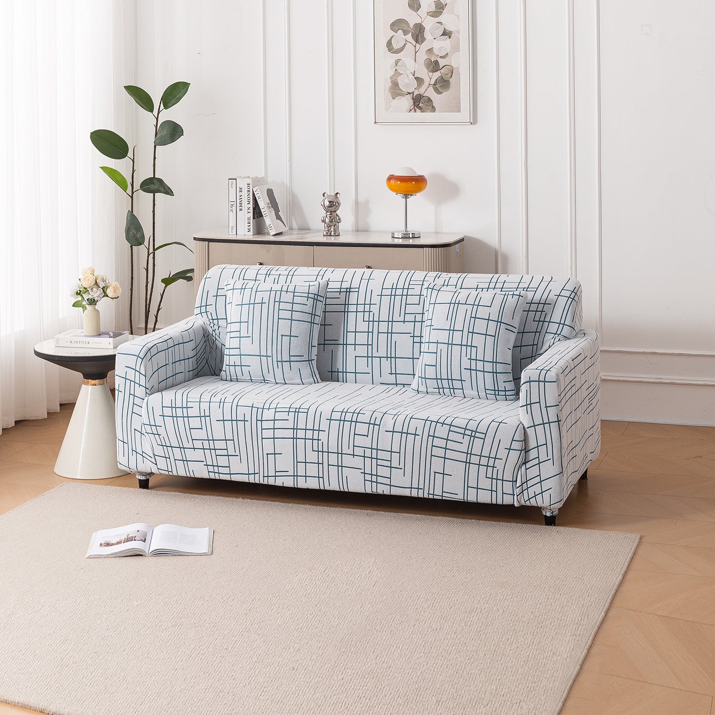 'Crossline Series' Jacquard Sofa Cover 1/2/3/4-seater Fully Covered, Teal Blue
