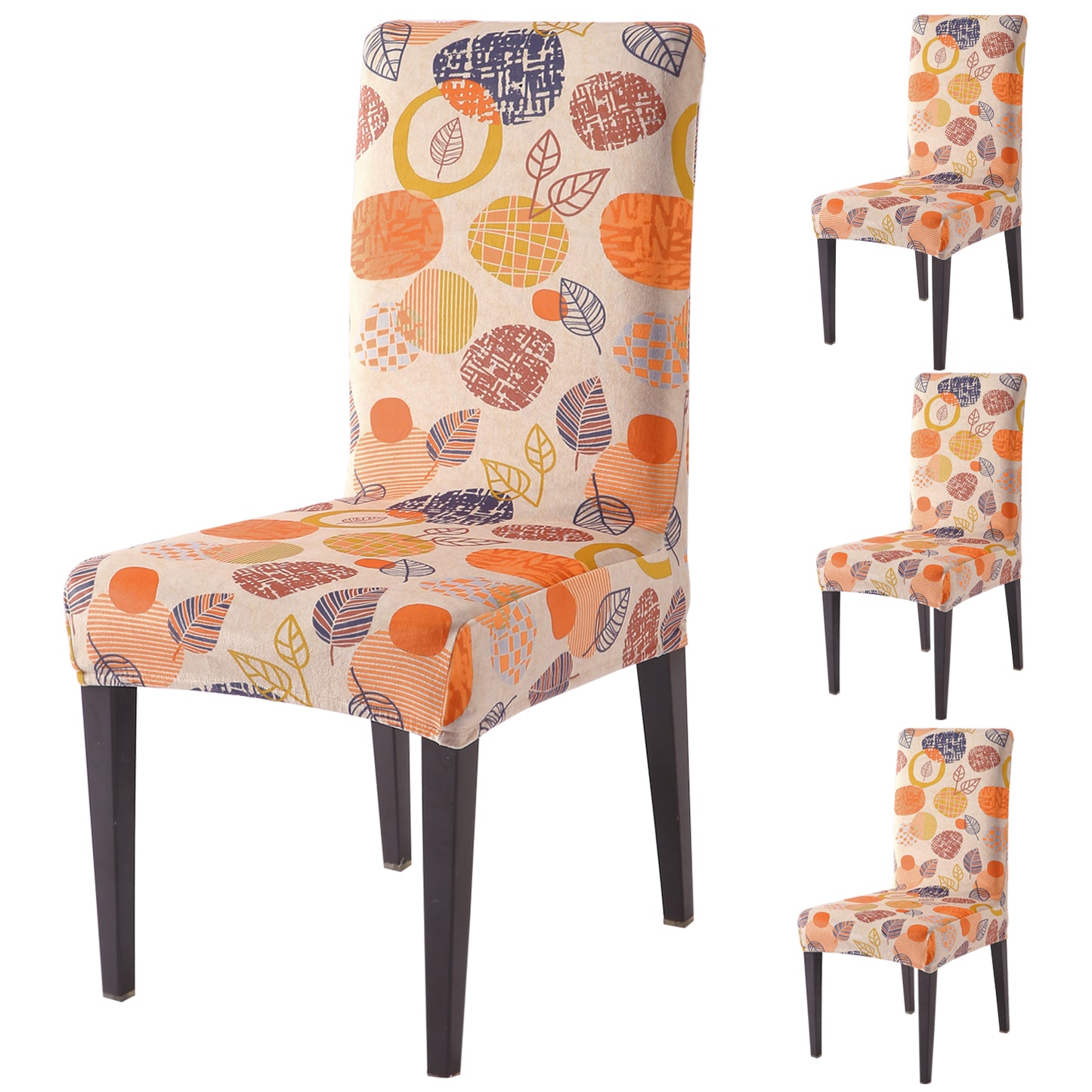 Premium Printed Velvet Dining Chair Cover Set, Coral Autumn Leaves