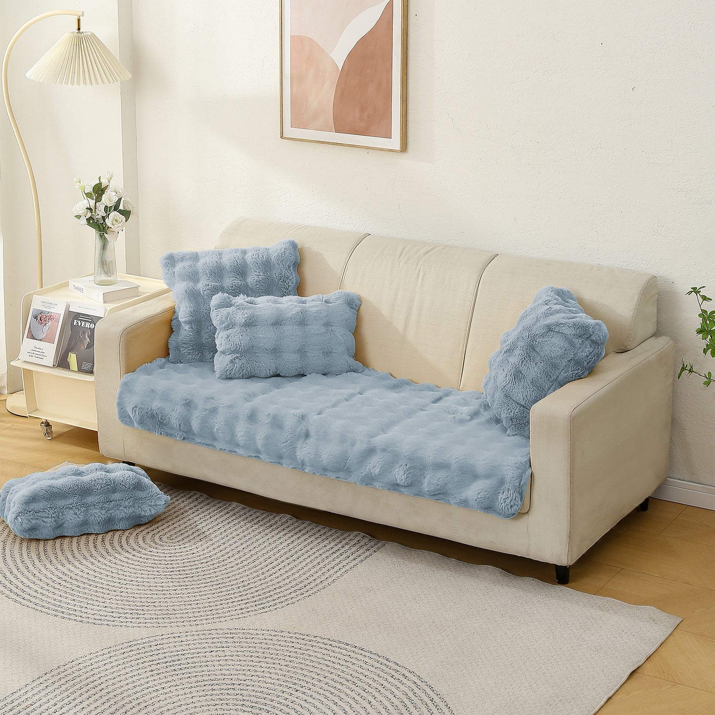 Premium Faux Rabbit Fur Anti Slip Sofa Mat for 1/2/3 Seater, Charm Blue