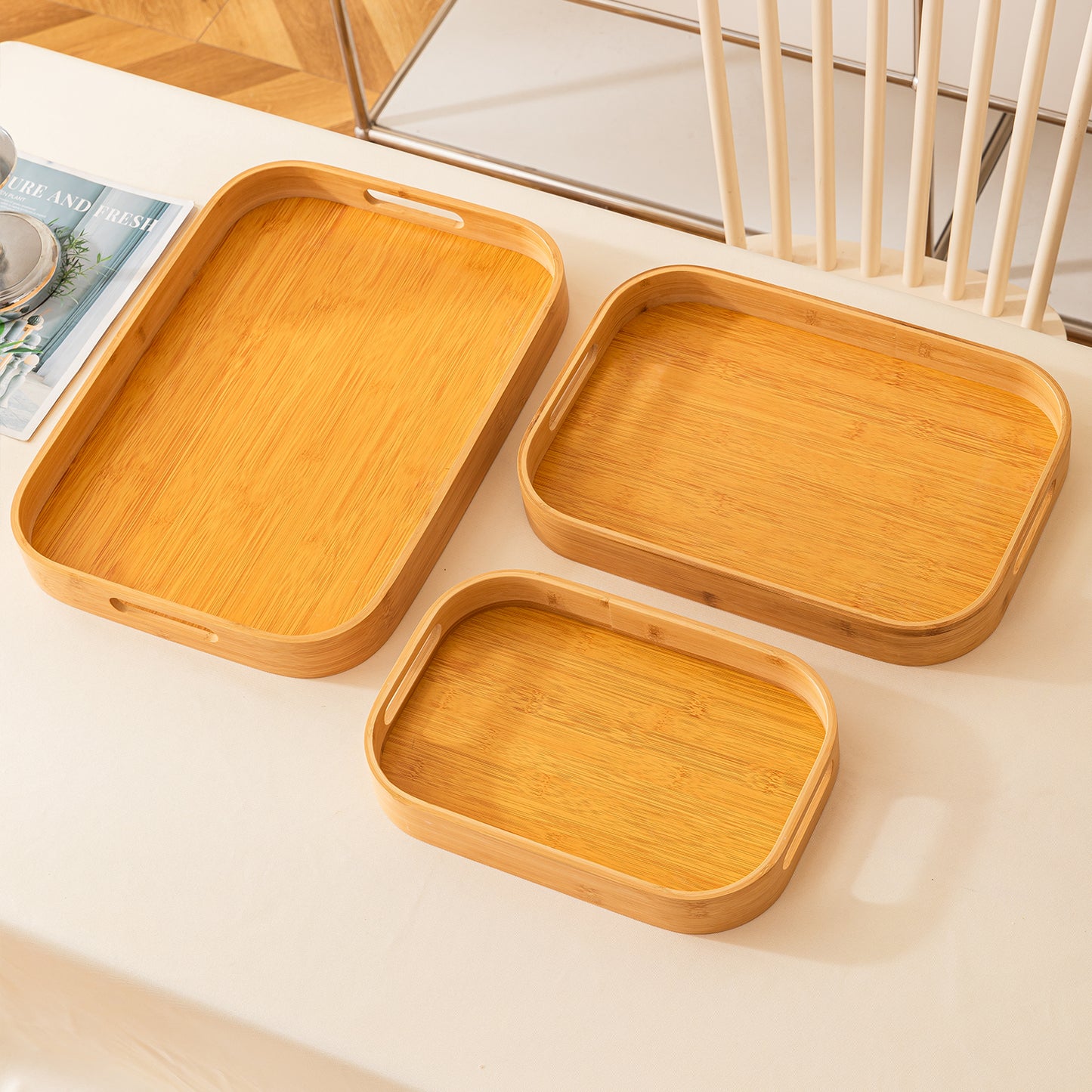 Natural Bamboo Serving Tray Set of 2/3 – Multipurpose Kitchen Tray with Handles