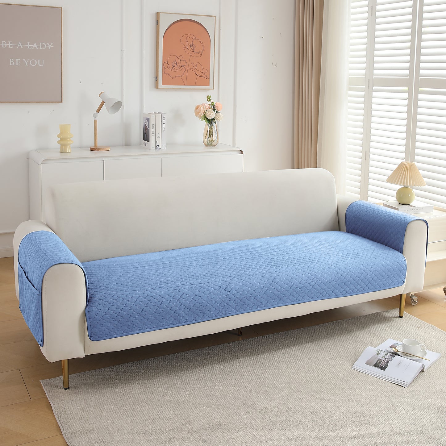 Quilted Sofa Cover Mat with 2 Armrest Covers Pockets, Blue