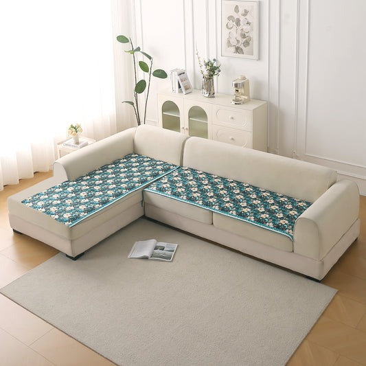 Florentina Series Quilted Holland Velvet L Shape Sofa Seat Mat - Pansies Teal