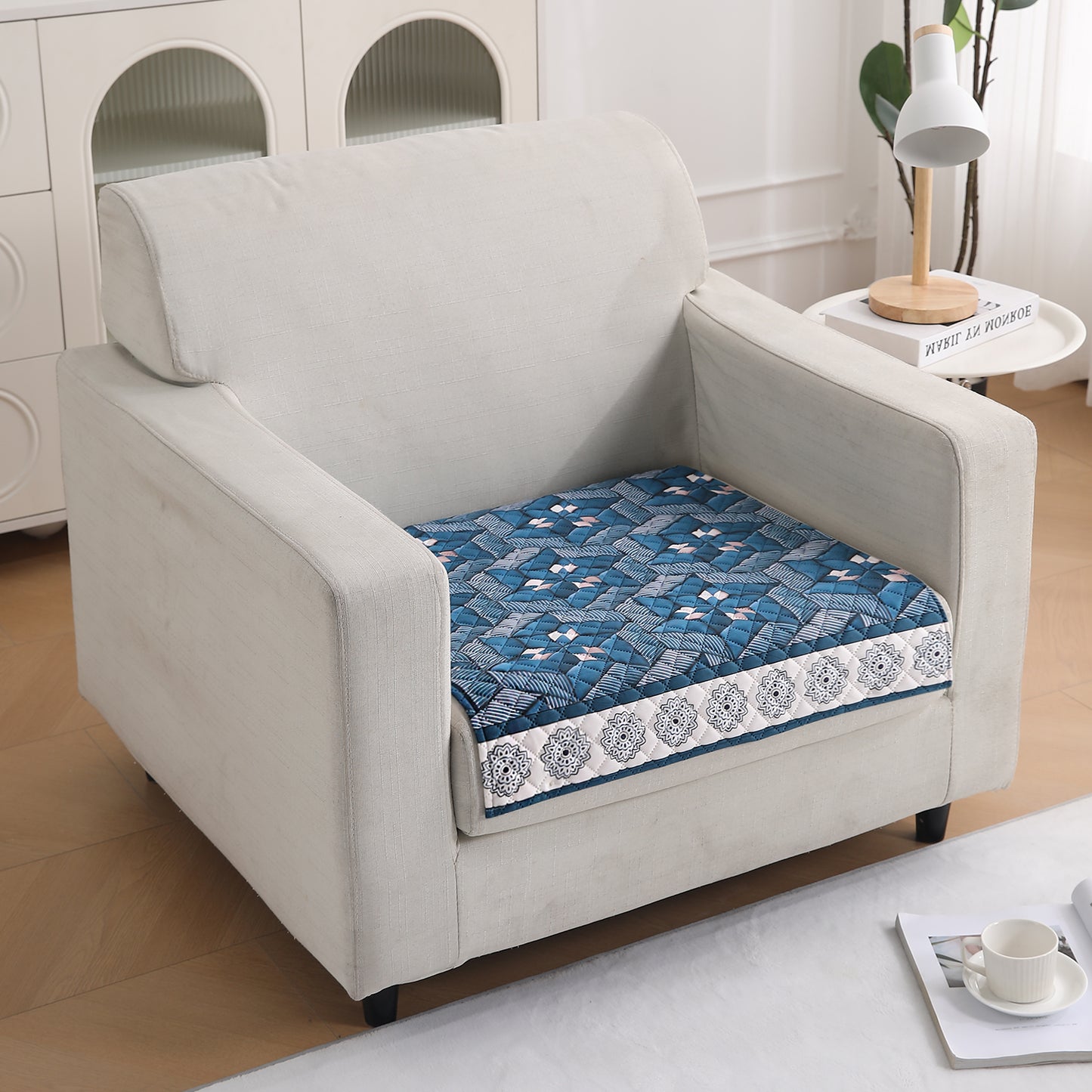 LiefNest Printed Holland Velvet Sofa Mat with Foam Filling - Geometric Floral Oriental Blue for 1/2/3 Seater & Armrest