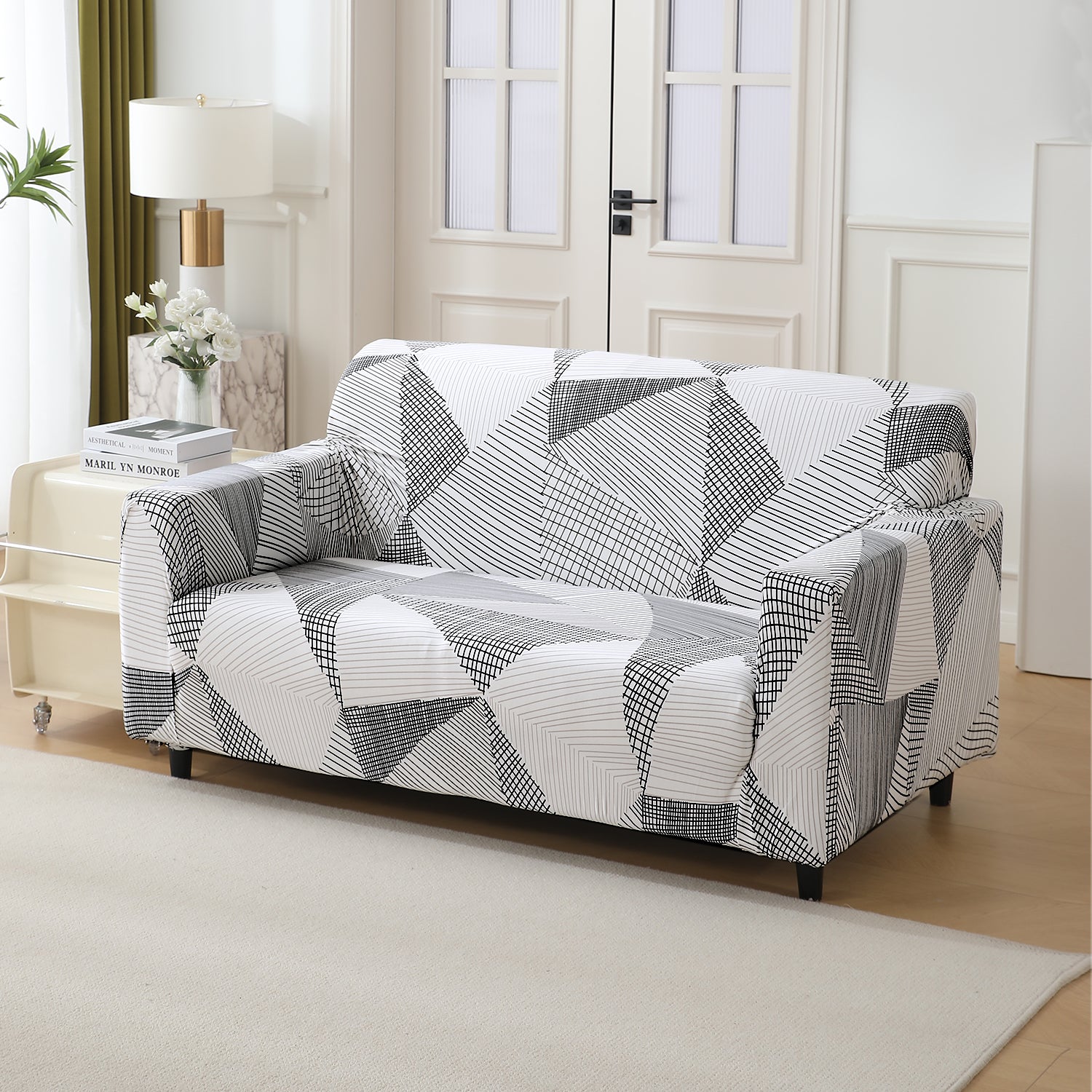 Snow White Black Geometry stretchable two seater sofa cover