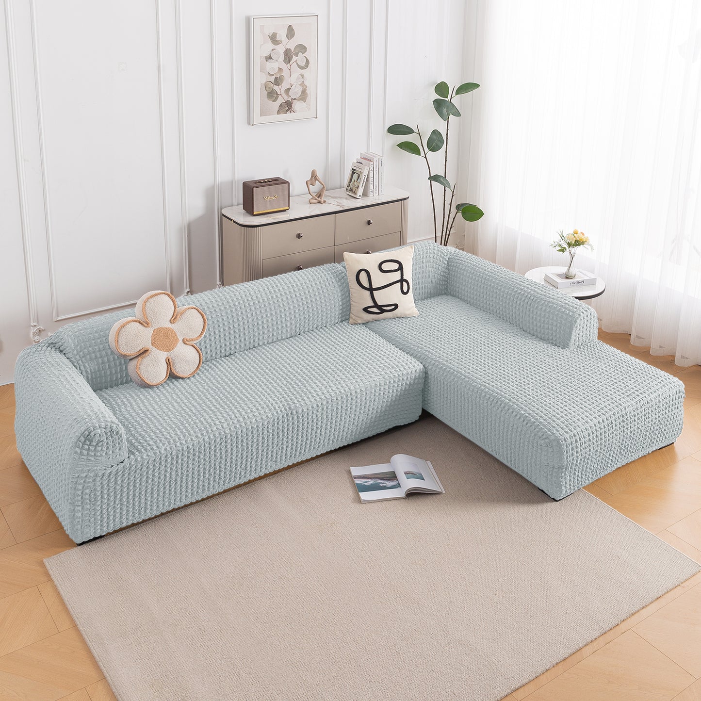 Aria Nova Bubble 2-Piece Stretchable L Shape Sofa Cover with Right Chaise, Light Grey