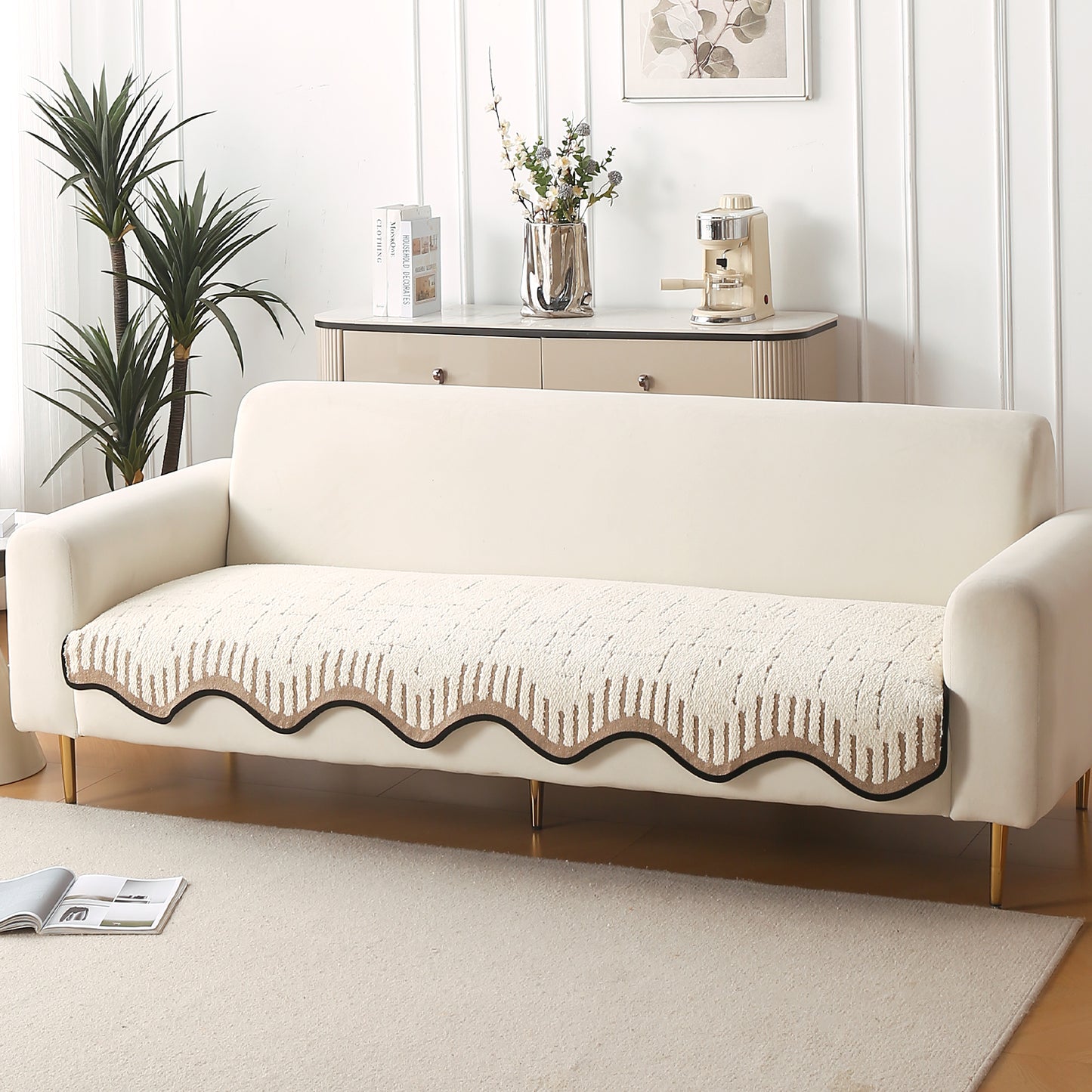 Premium Supple Soft Wavy with Curve Sofa Cover Mat, Cream Brown