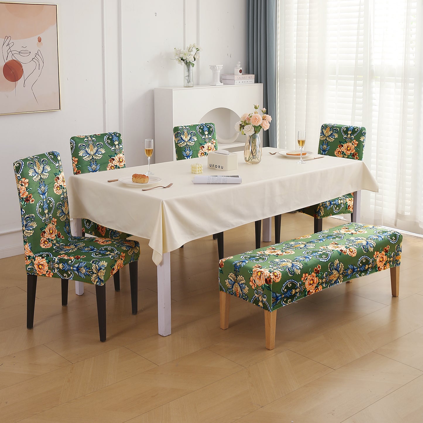 Premium Velvet Cover Set for 4 Dining Chairs + 1 Dining Bench, Green Victorian Garden