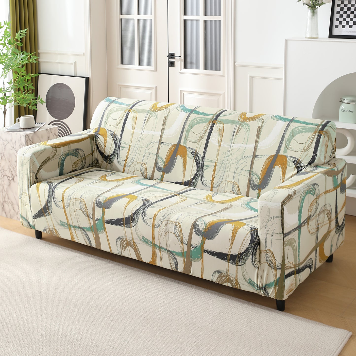 Parchement Beige Abstract Art full fitted stretchable three seater sofa cover
