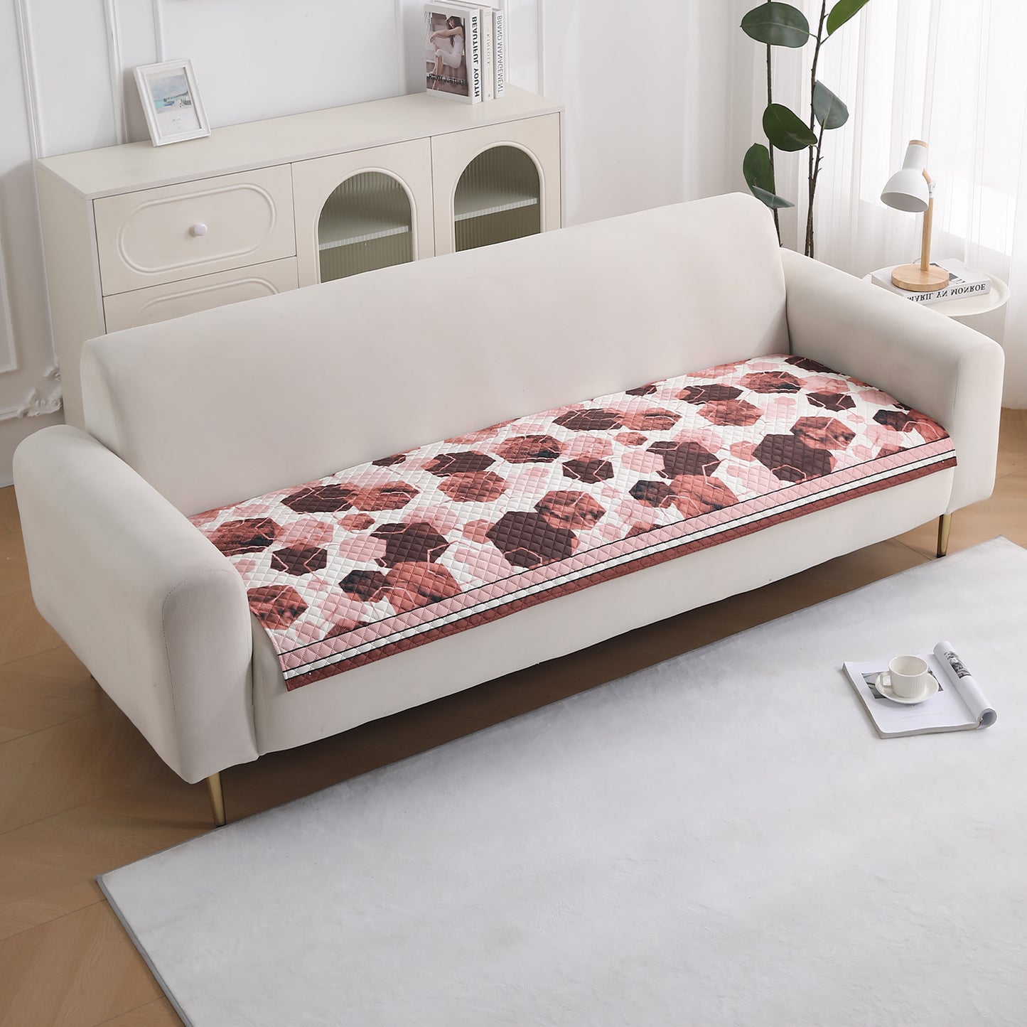 LiefNest Holland Velvet Sofa Cover Mat with Foam Filling - Geometric Hexagon Cider