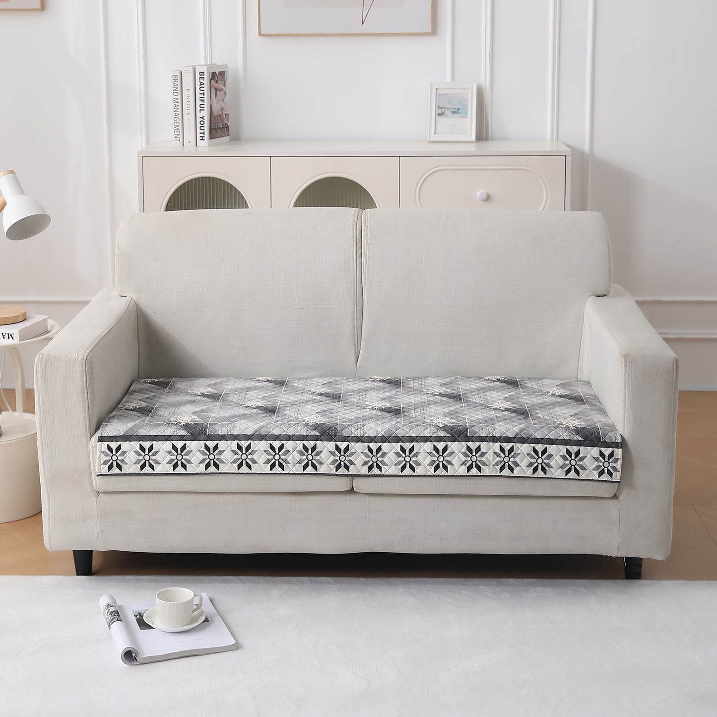 LiefNest Printed Holland Velvet Sofa Mat with Foam Filling - Snowflakes Gradient Grey for 1/2/3 Seater & Armrest