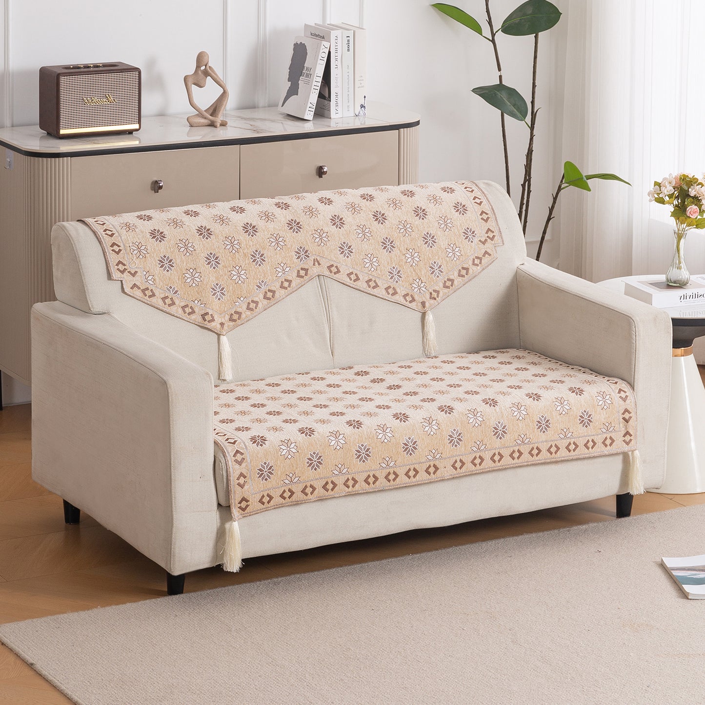 Heritage Weave Premium Jacquard Sofa Cover Set with Tassels - Sandy Beige
