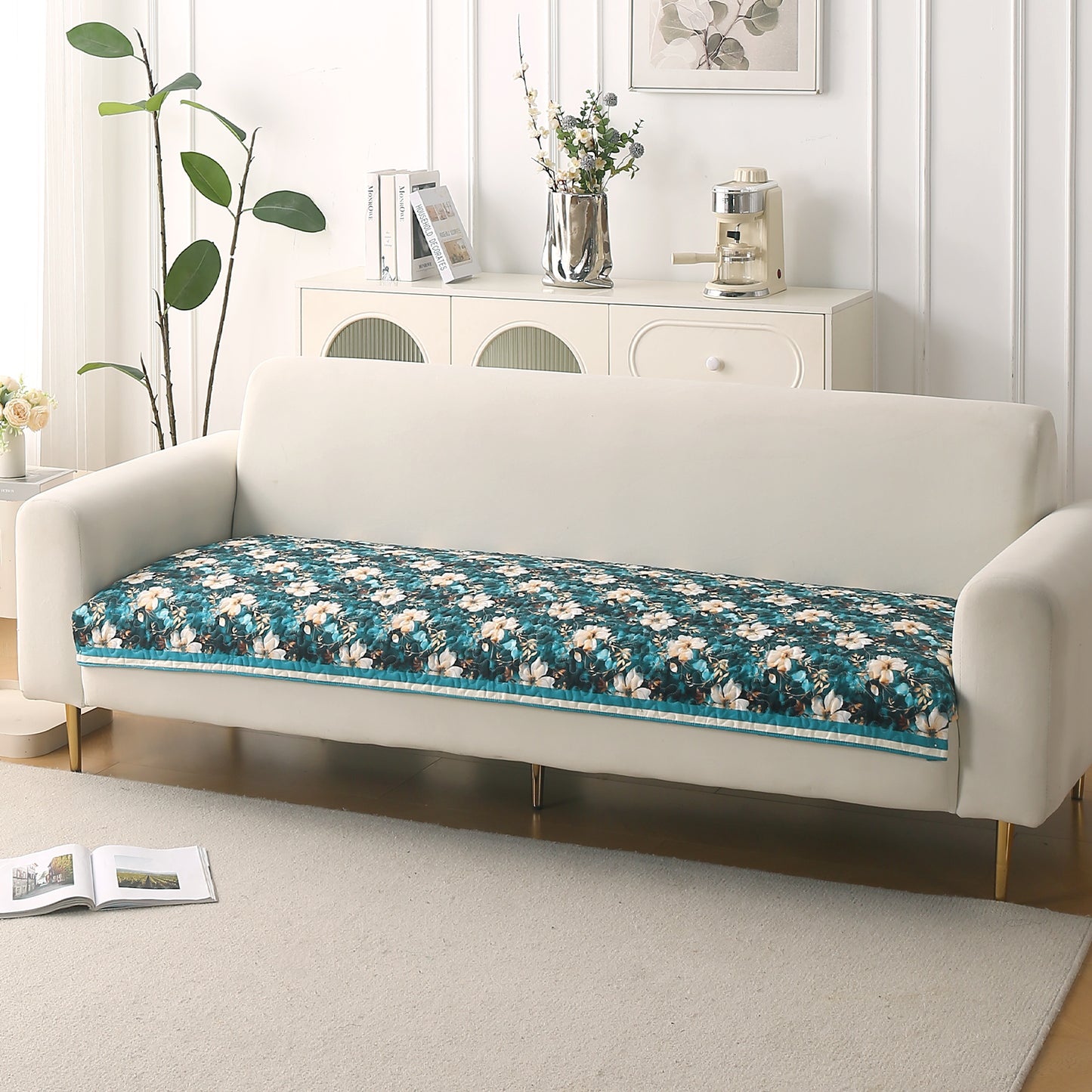 Florentina Series Printed Holland Velvet Sofa Mat - Pansies Teal