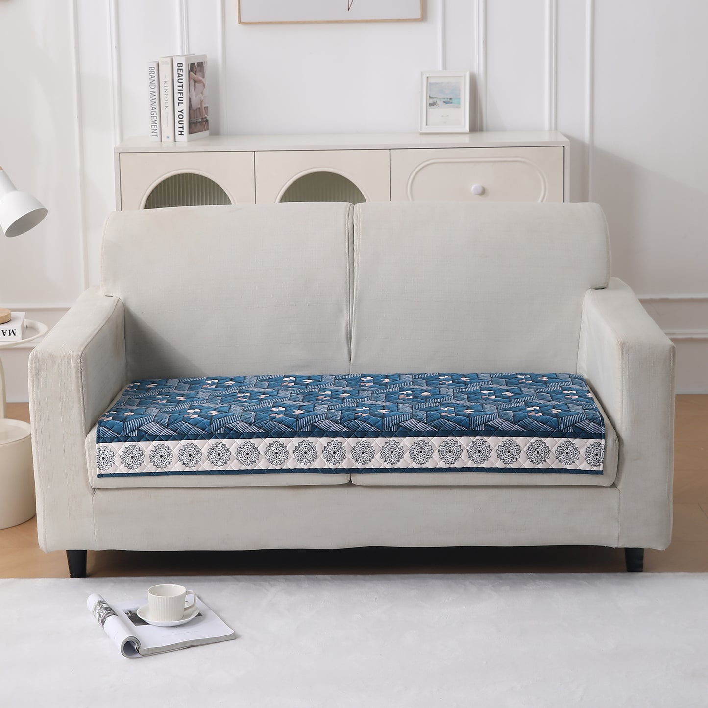 LiefNest Printed Holland Velvet Sofa Mat with Foam Filling - Geometric Floral Oriental Blue for 1/2/3 Seater & Armrest
