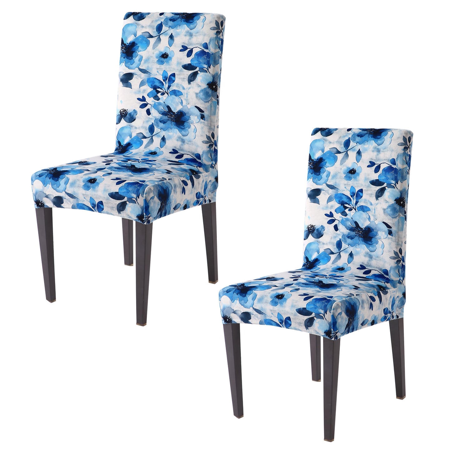Premium Printed Velvet Dining Chair Cover Set, Blue Azure Botanical