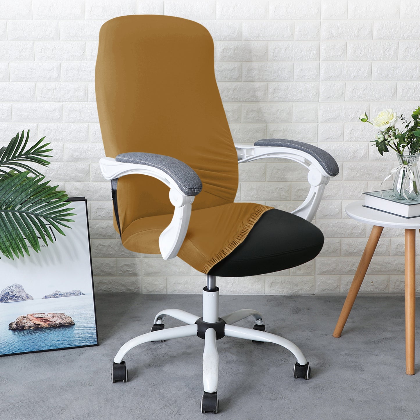 Office Chair Cover for Desk Chair (Mid-Back) – 140 GSM Stretch Fabric – Washable, Durable & Anti-Slip – Fits Mid-Back Office Chairs, Camel